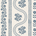 A repeating serpentine floral leatherette mahjong mat in muted blue-gray on a warm off-white background, featuring vertical bands with flowers, leaves, and decorative scalloped and wavy motifs.