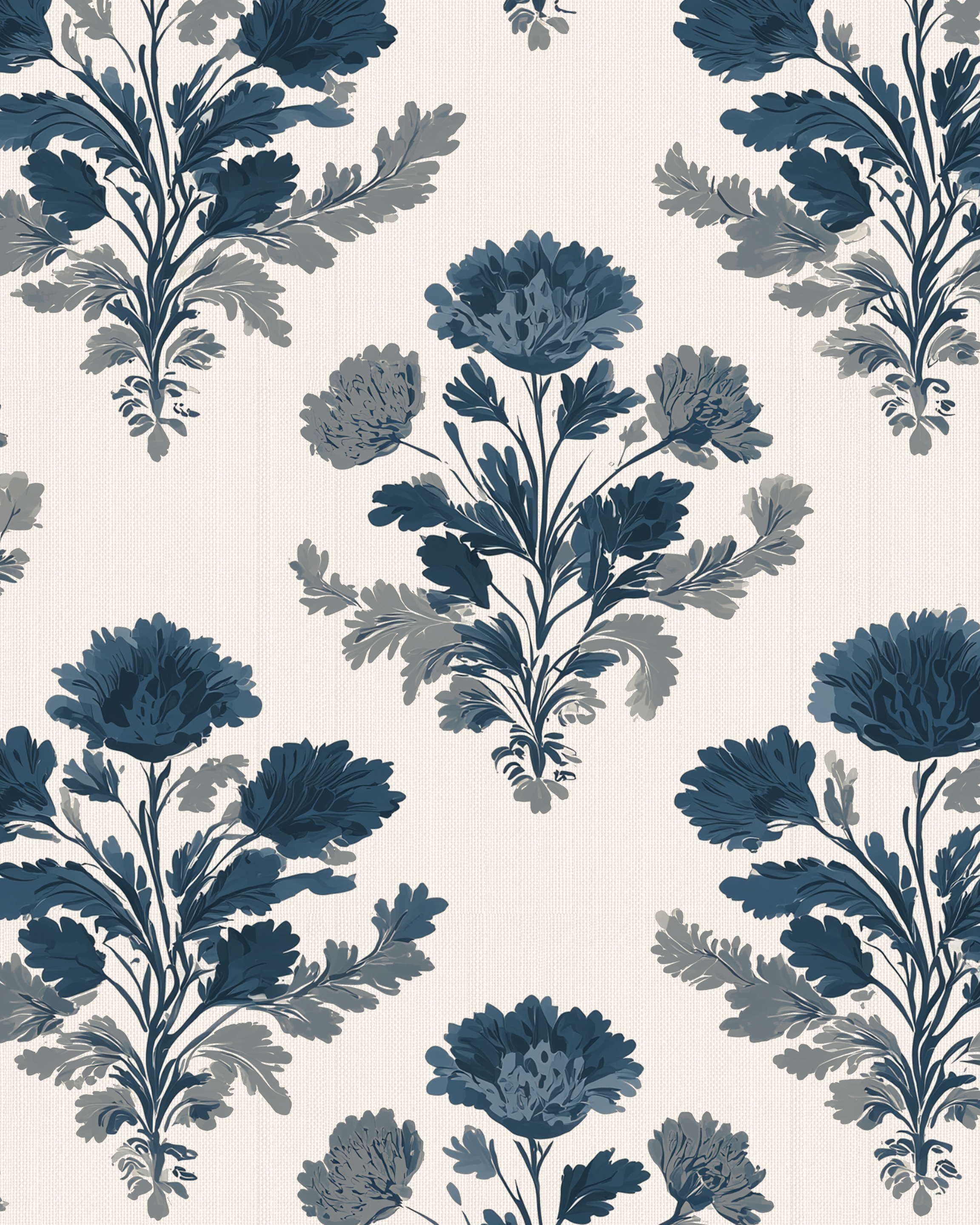 A repeating floral block print leatherette mahjong mat featuring large blue and slate-gray flowers with leafy stems on a warm off-white background.