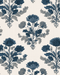 A repeating floral block print leatherette mahjong mat featuring large blue and slate-gray flowers with leafy stems on a warm off-white background.