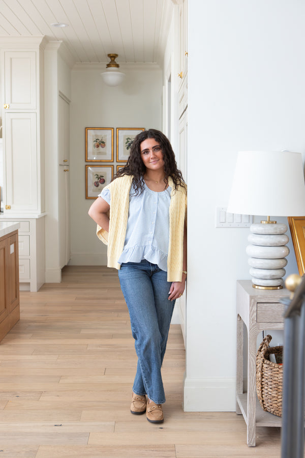 Gingham Sky Hi-Low Ruffle Blouse