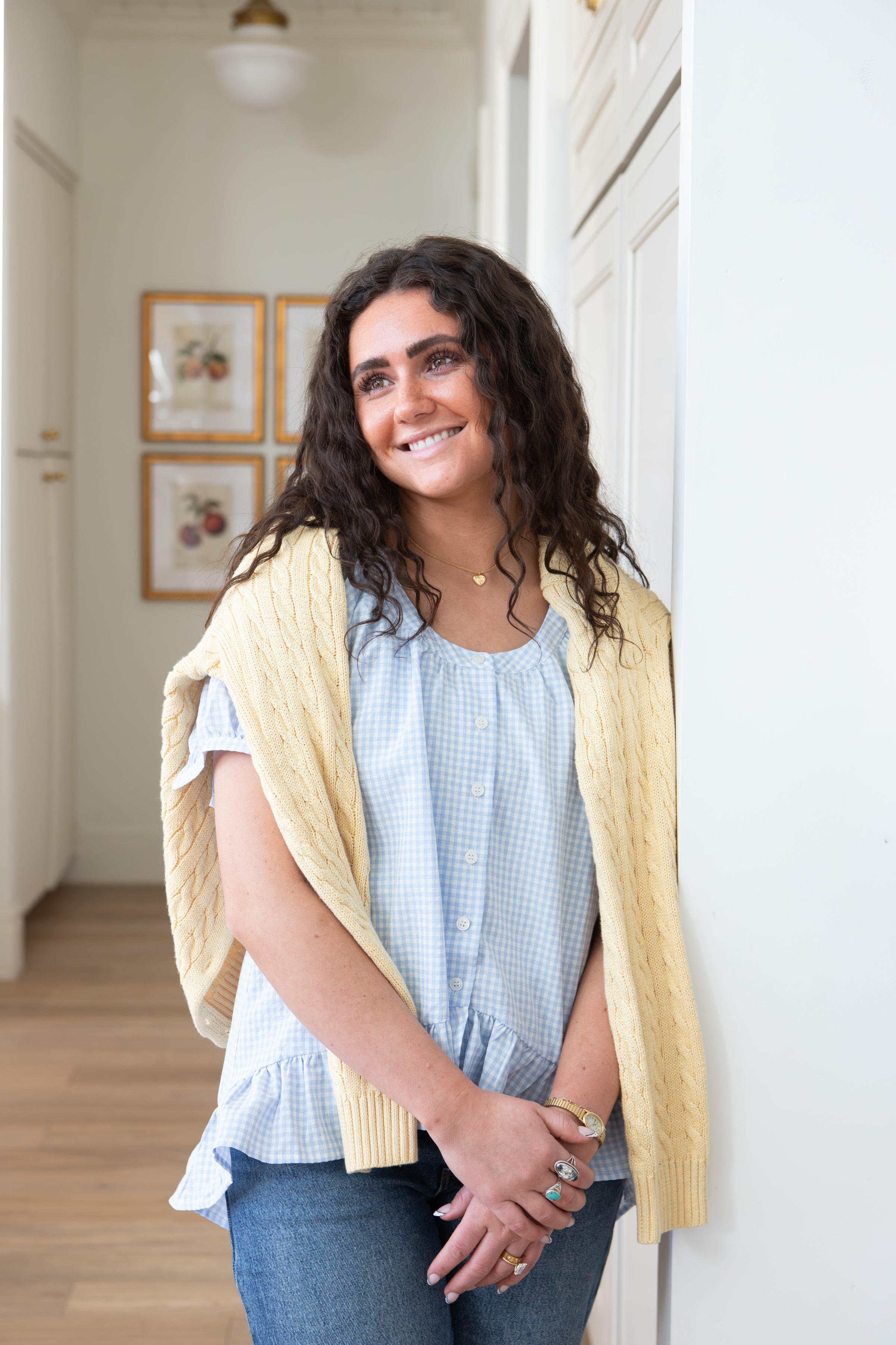 Gingham Sky Hi-Low Ruffle Blouse