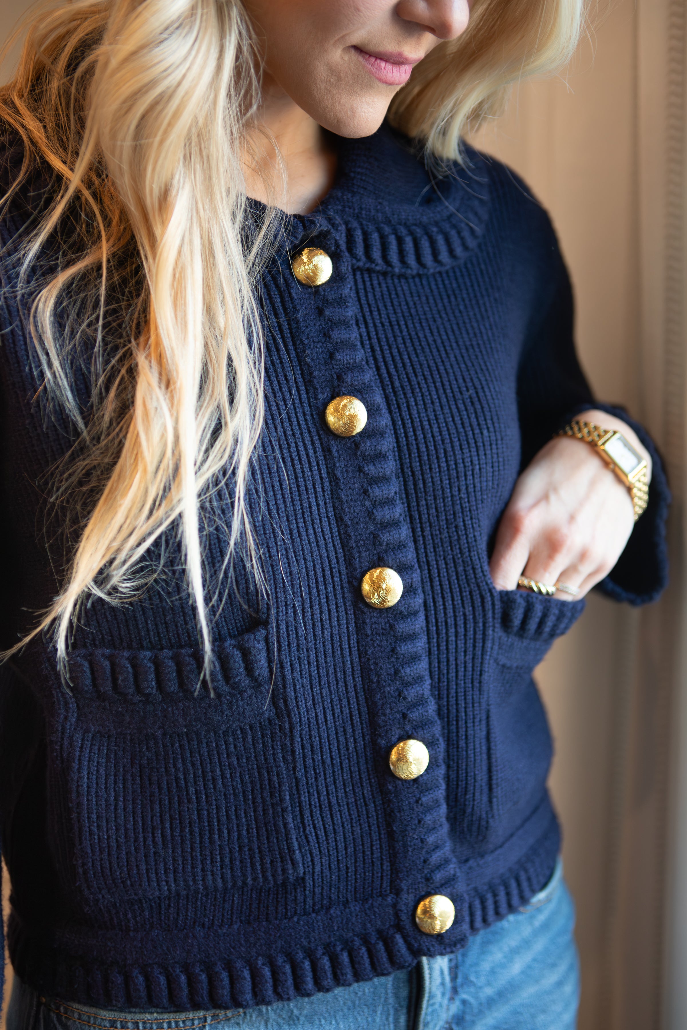Braided Detail Navy Knitted Cardigan