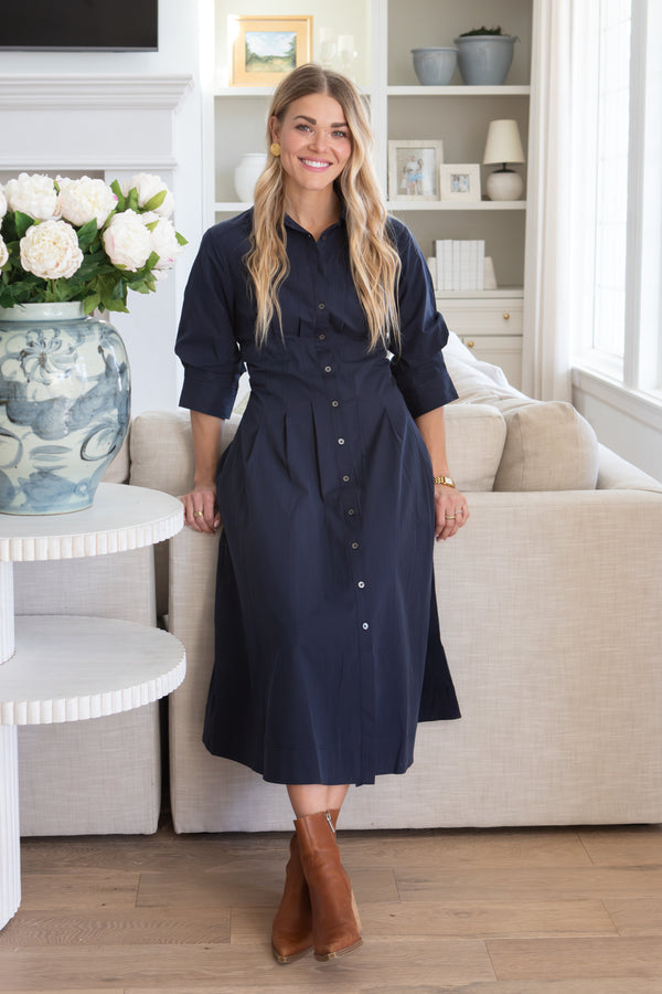 Navy Button Down A-line Midi Dress