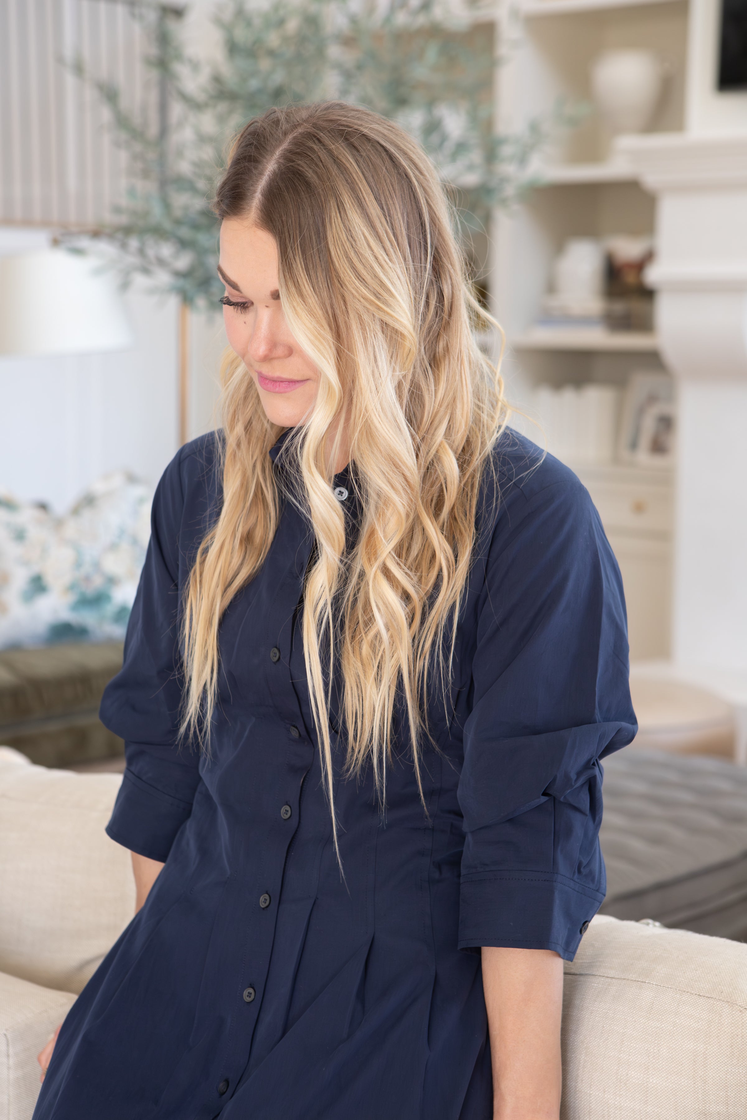 Navy Button Down A-line Midi Dress