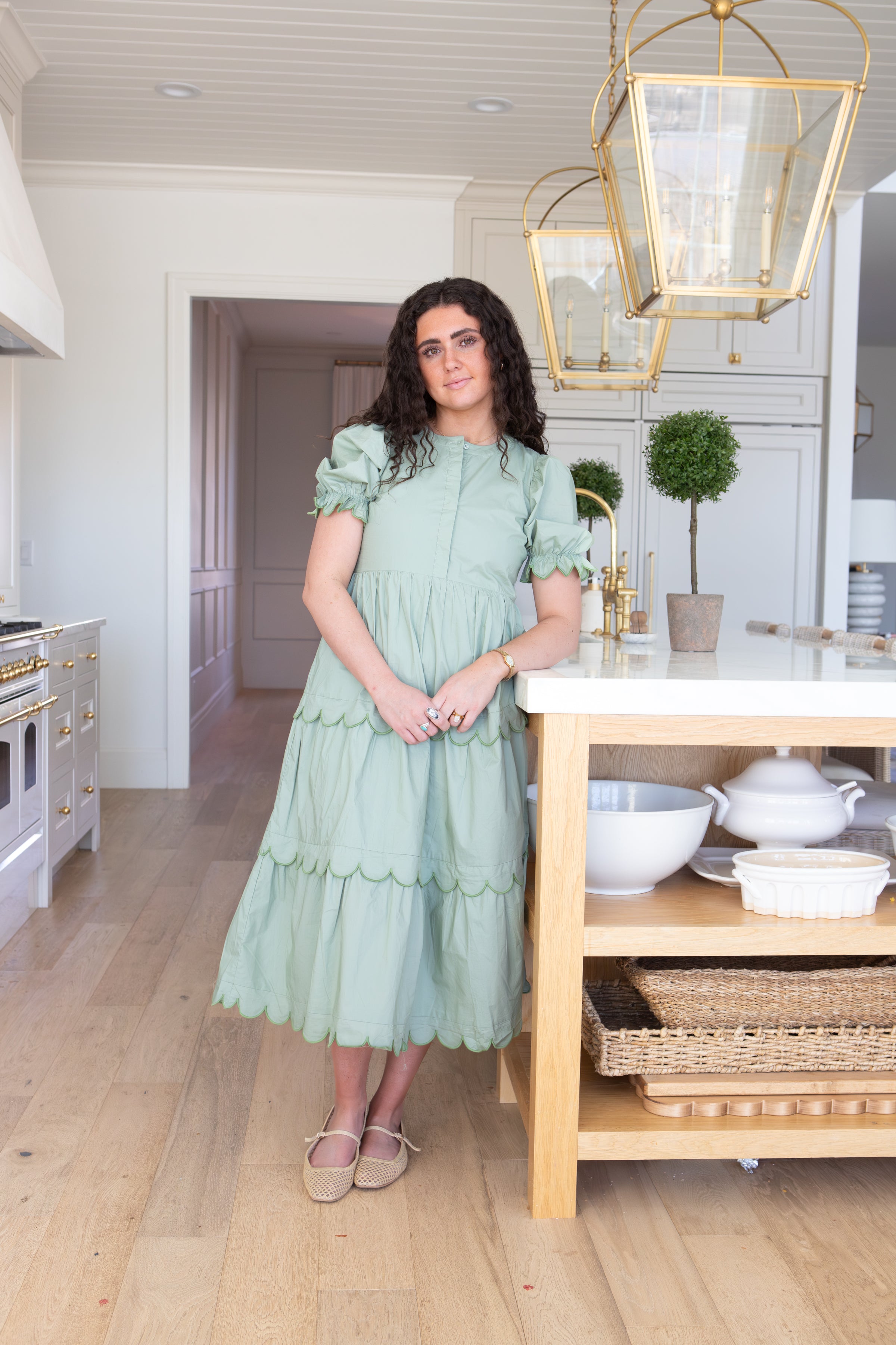 Sage Scalloped Edge Midi Dress