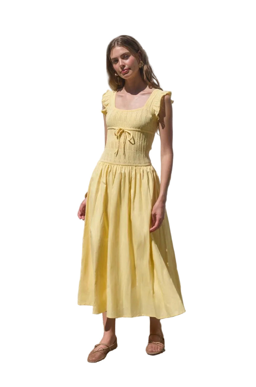 Square Neck Ruffle Sleeve Tiered Butter Yellow Midi Dress