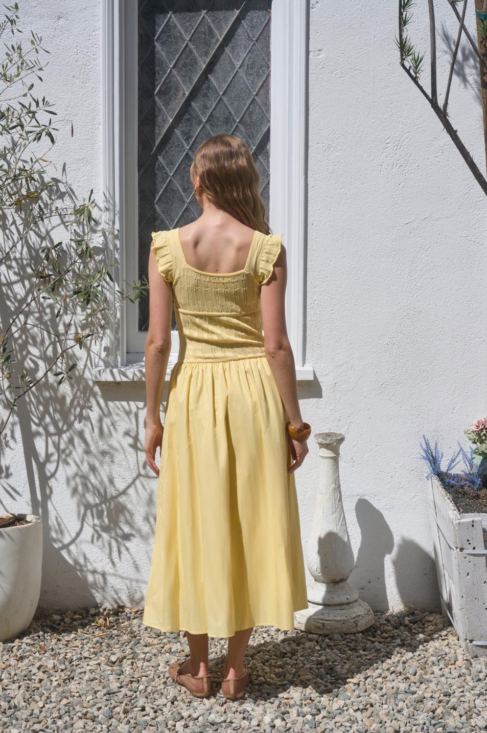 Square Neck Ruffle Sleeve Tiered Butter Yellow Midi Dress