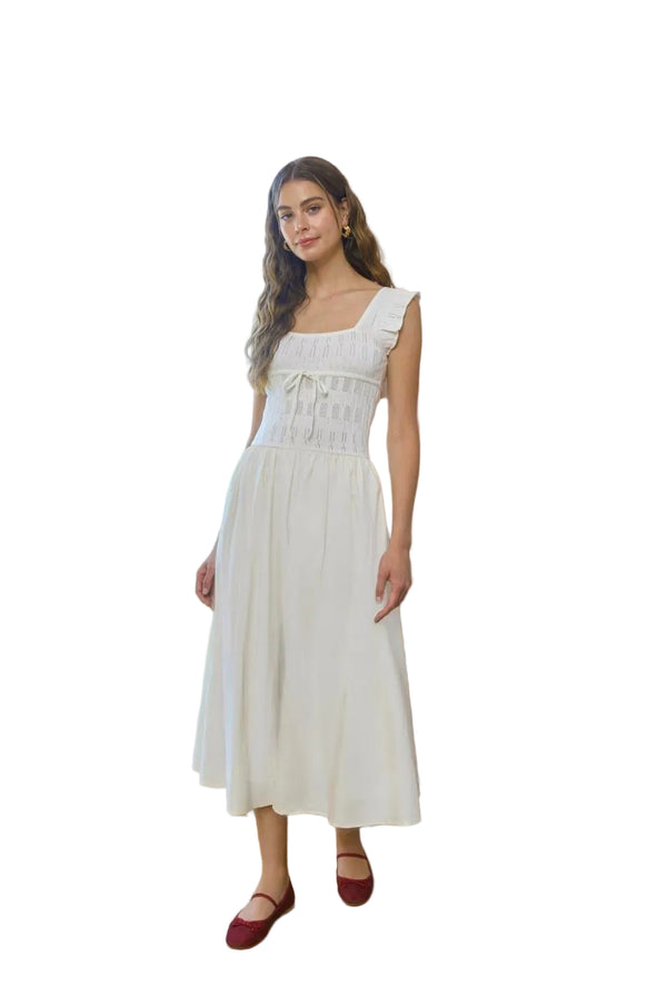 Square Neck Ruffle Sleeve Ivory Tiered Midi Dress