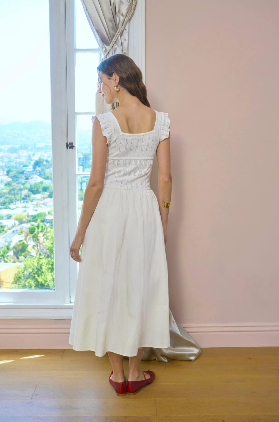 Square Neck Ruffle Sleeve Ivory Tiered Midi Dress