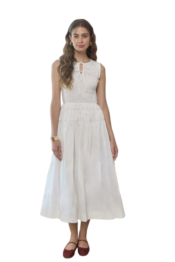 Sleeveless Smocked Shirred White Midi Dress