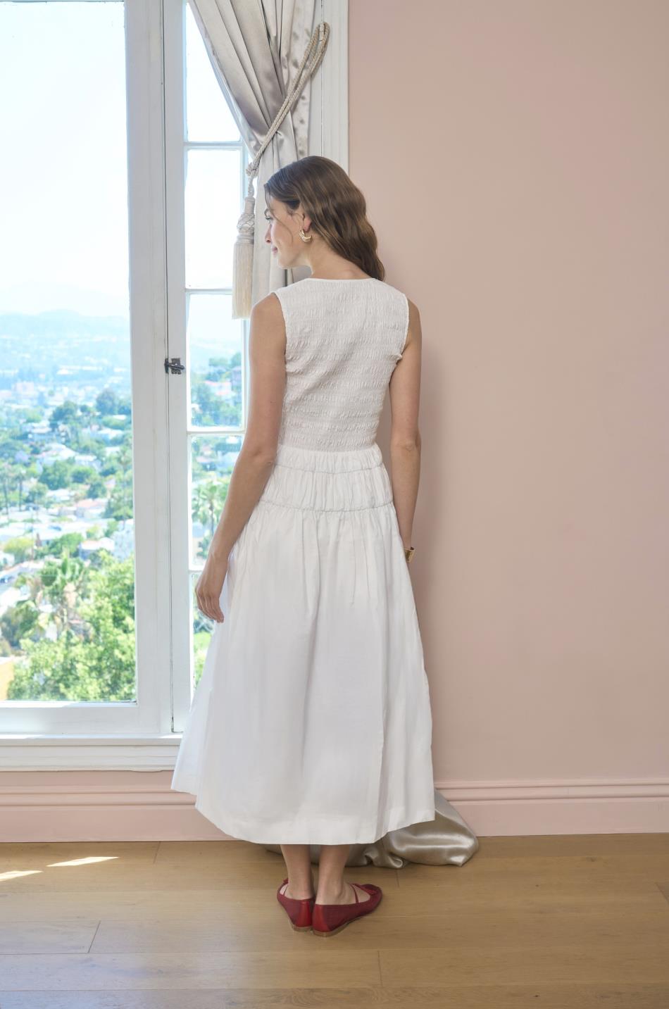 Sleeveless Smocked Shirred White Midi Dress