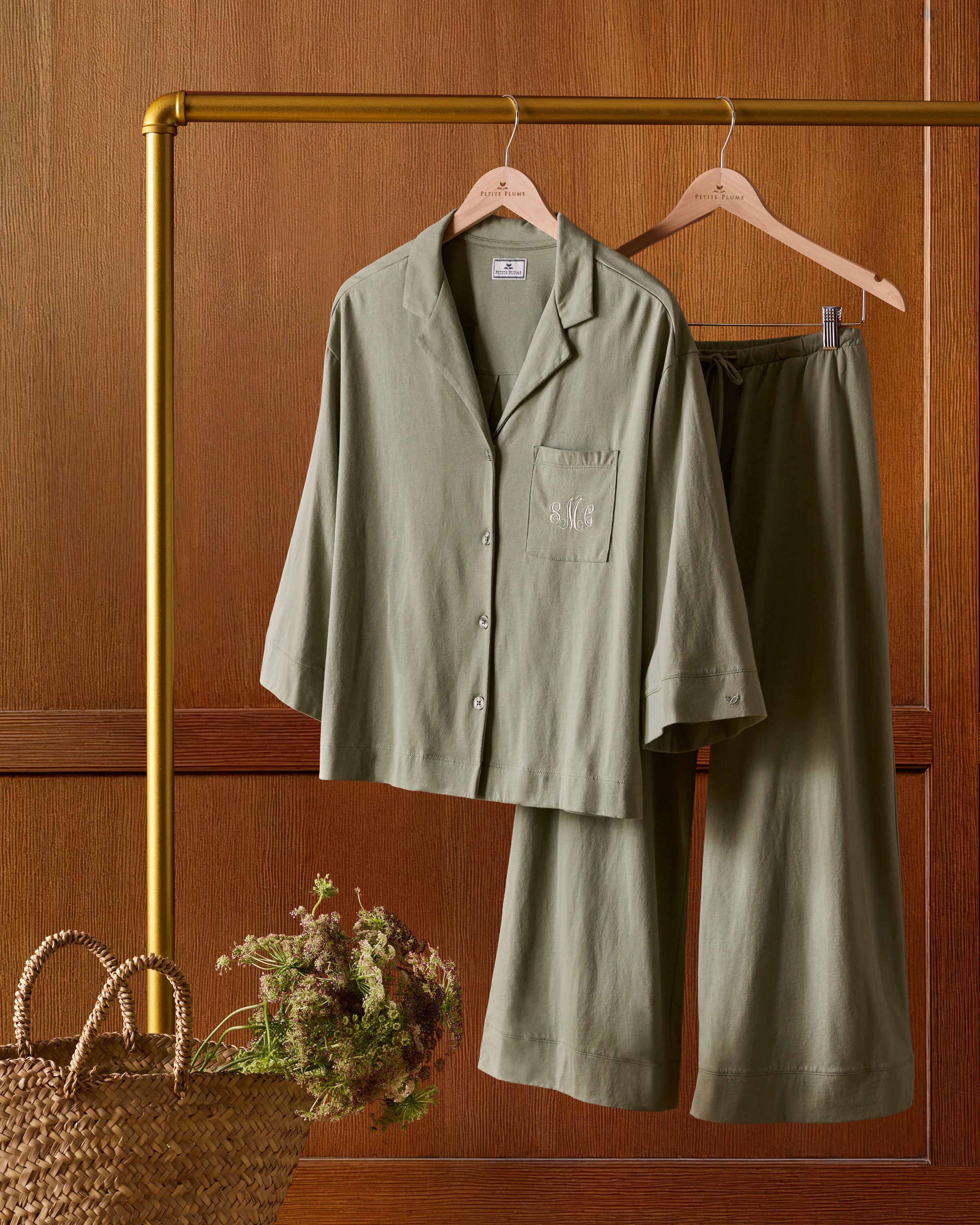 The Olivia Wide Leg Pima Pajama Set in Sage