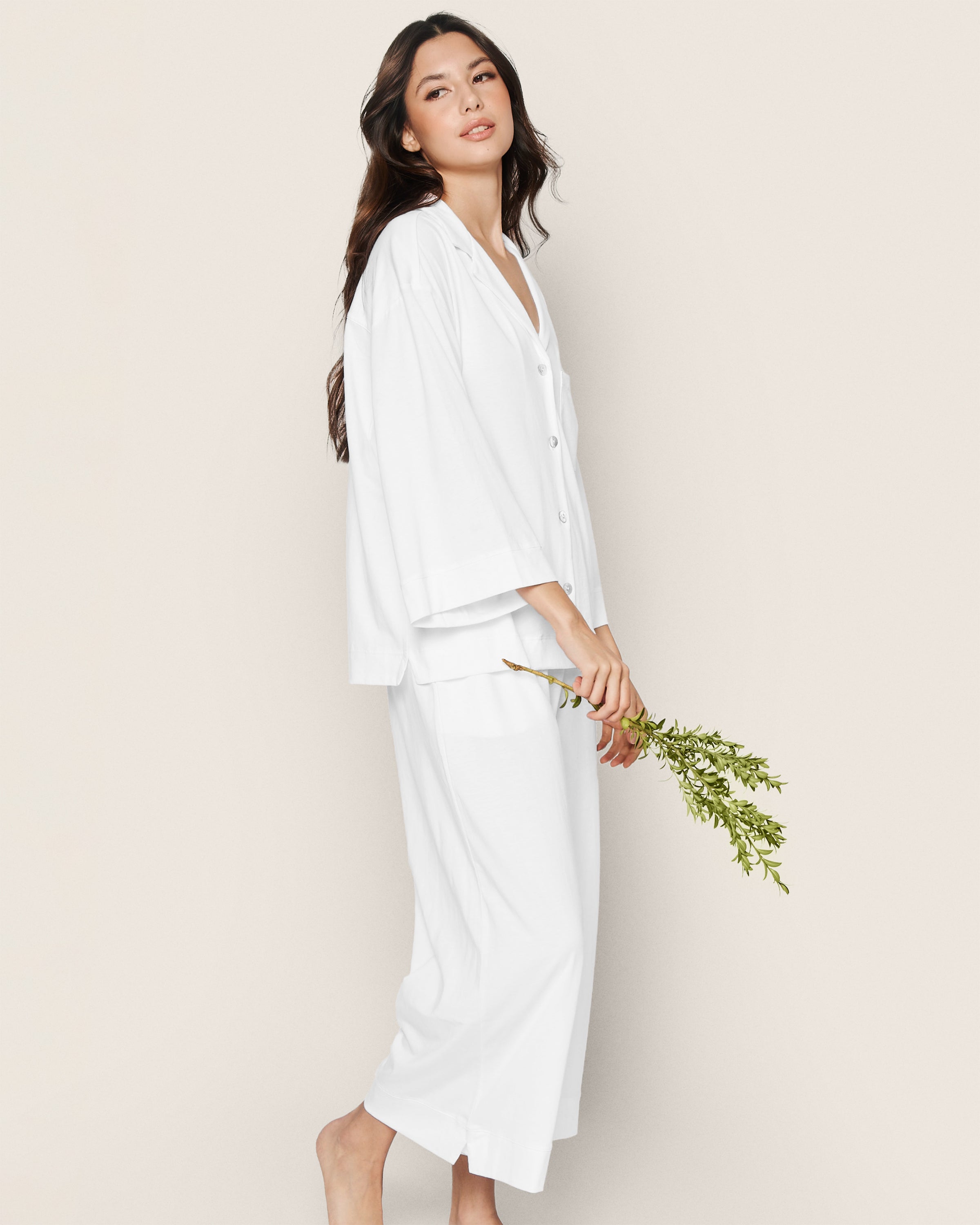 The Olivia Wide Leg Pima Pajama Set in White