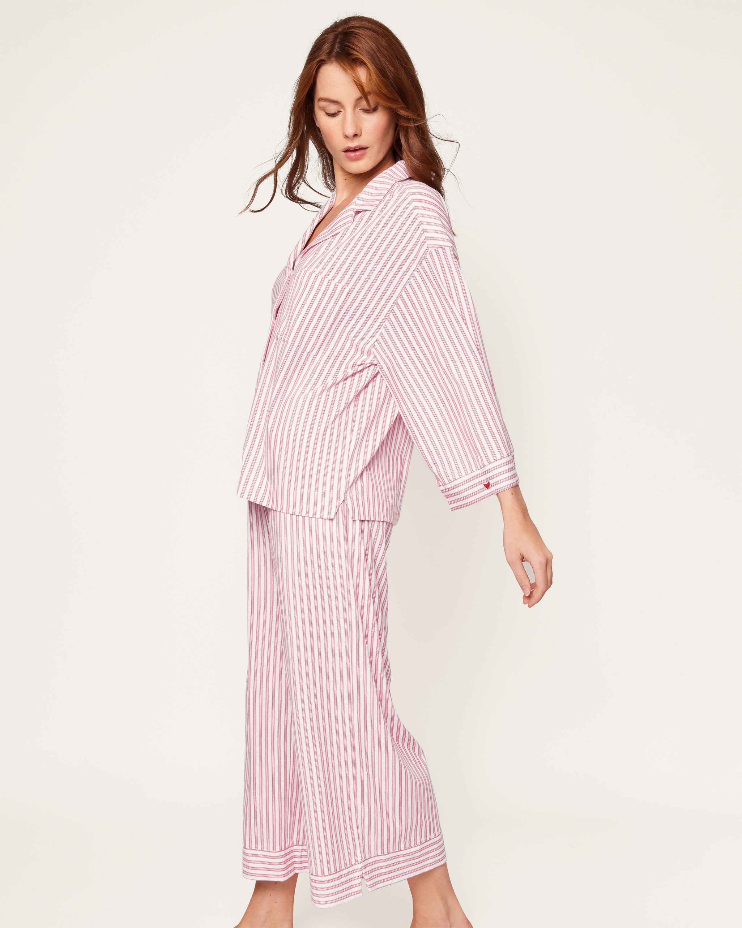 The Olivia Wide Leg Pima Pajama Set in Antique Red Ticking