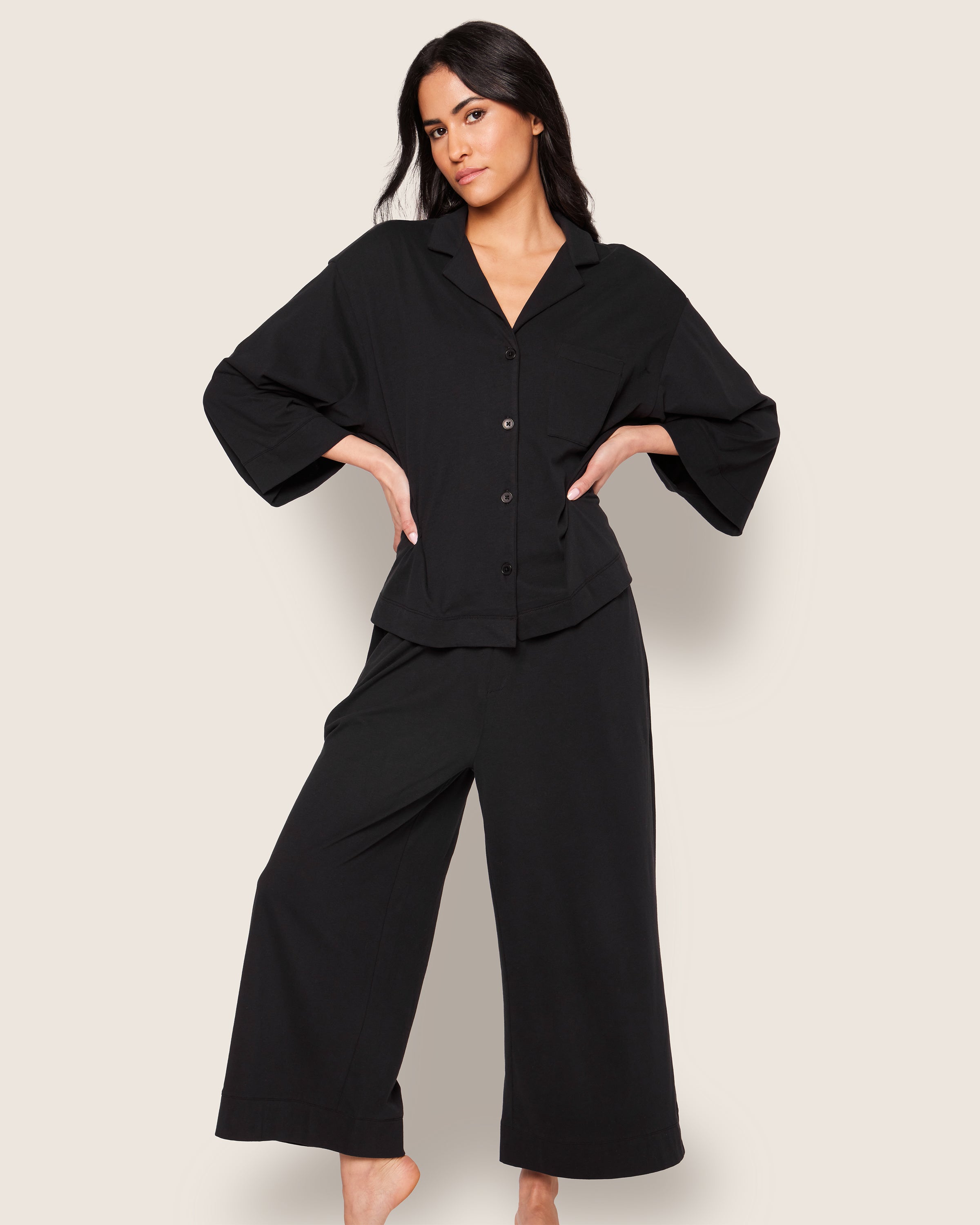 The Olivia Wide Leg Pima Pajama Set in Black