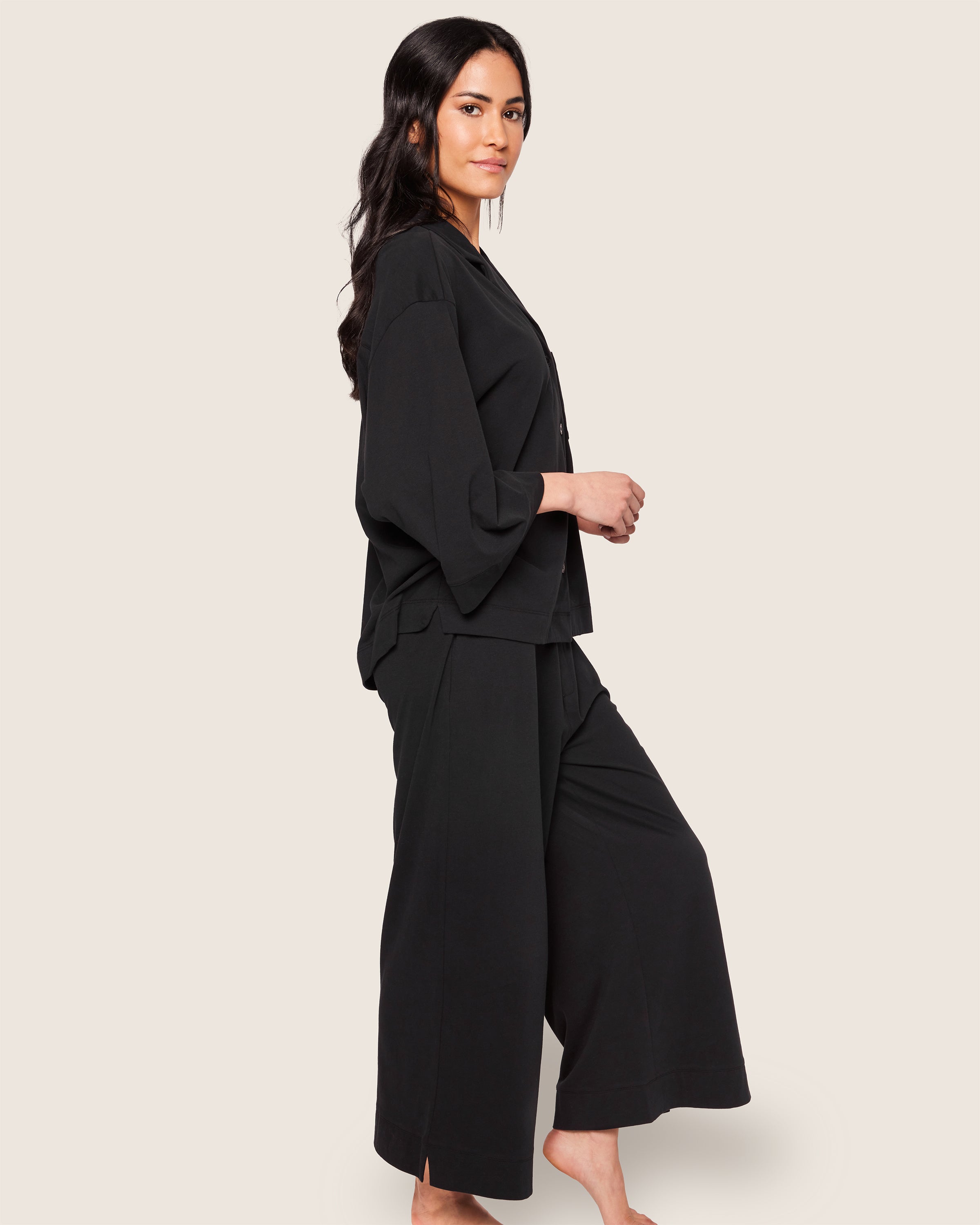 The Olivia Wide Leg Pima Pajama Set in Black