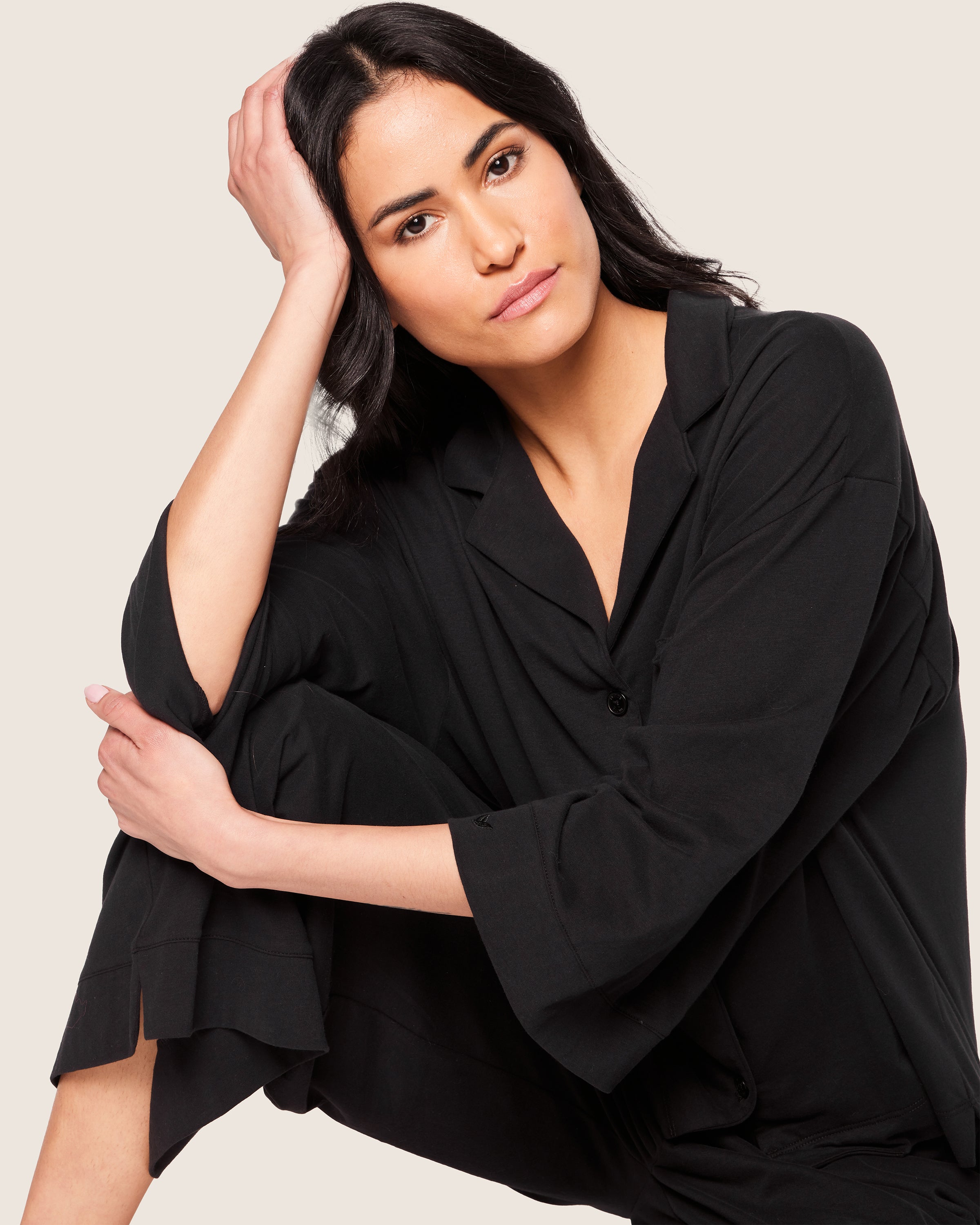 The Olivia Wide Leg Pima Pajama Set in Black