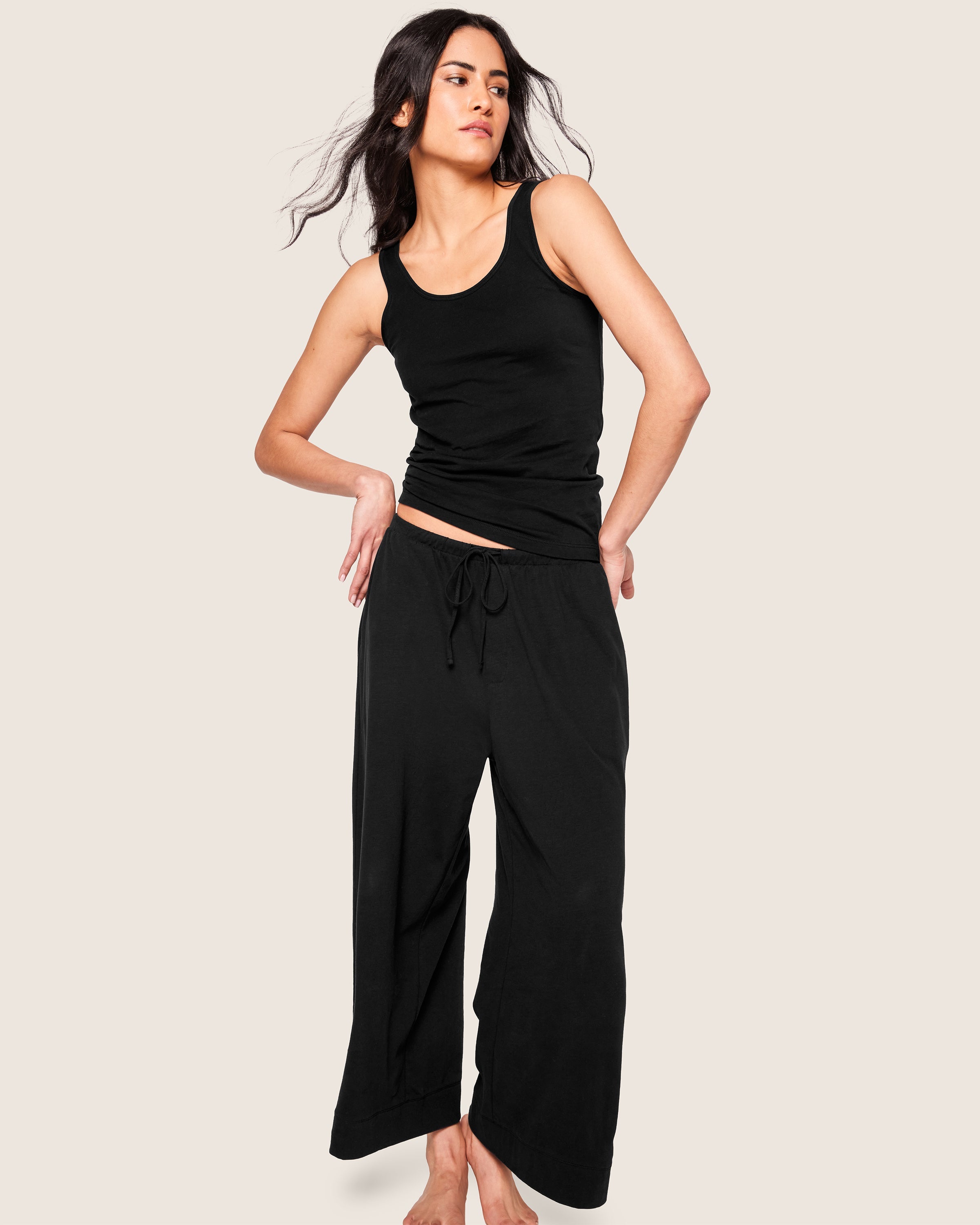 The Olivia Wide Leg Pima Pajama Set in Black