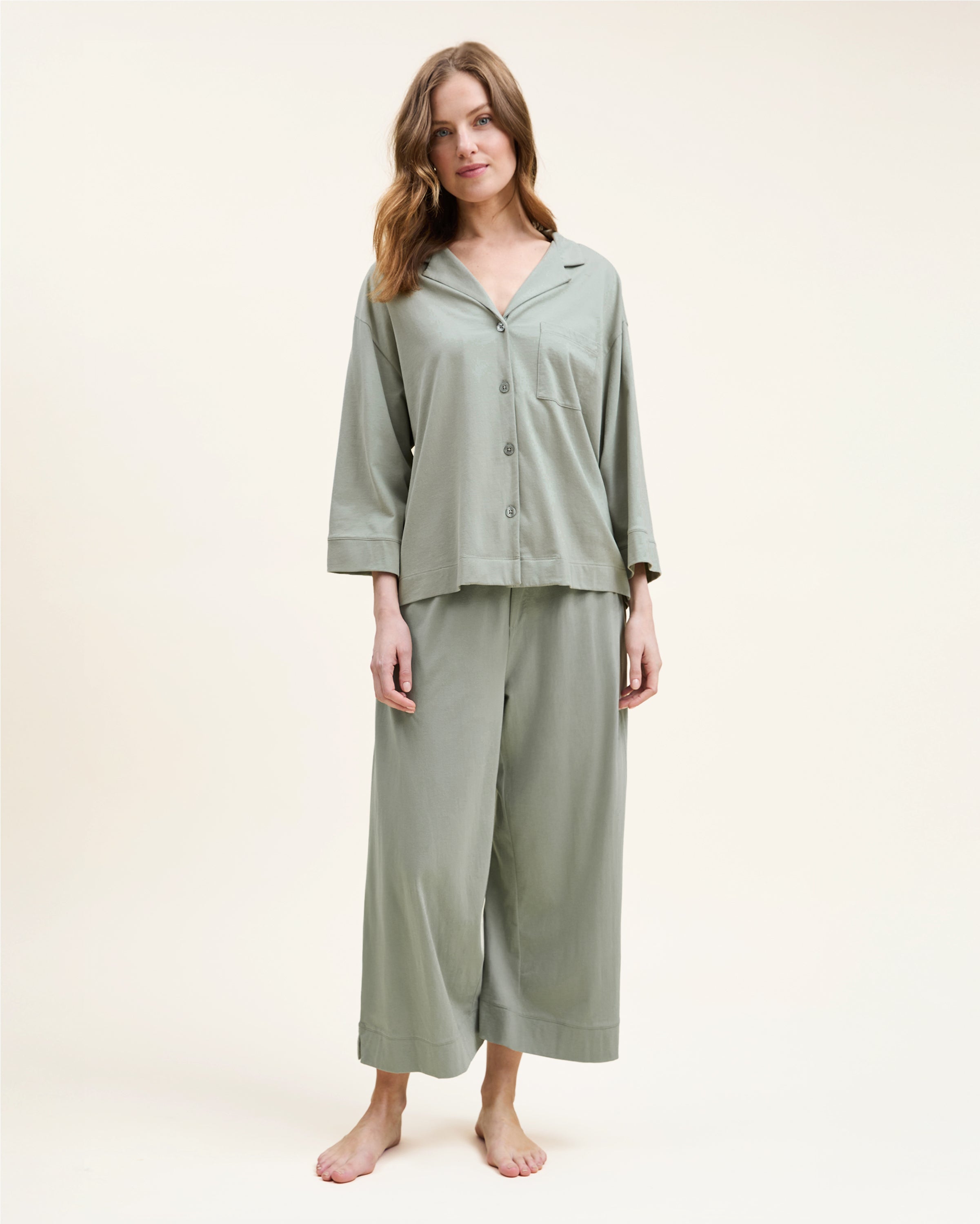 The Olivia Wide Leg Pima Pajama Set in Sage