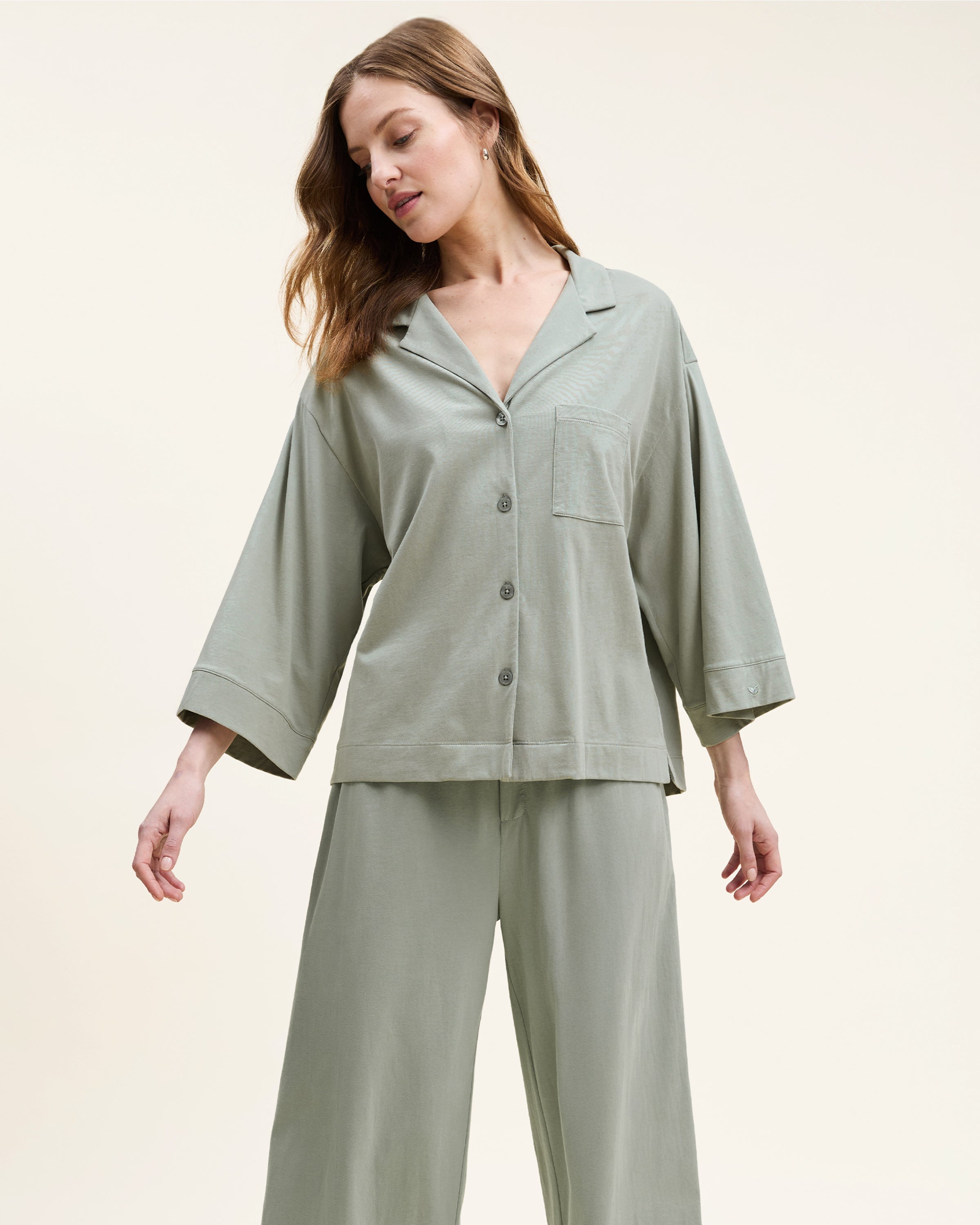 The Olivia Wide Leg Pima Pajama Set in Sage