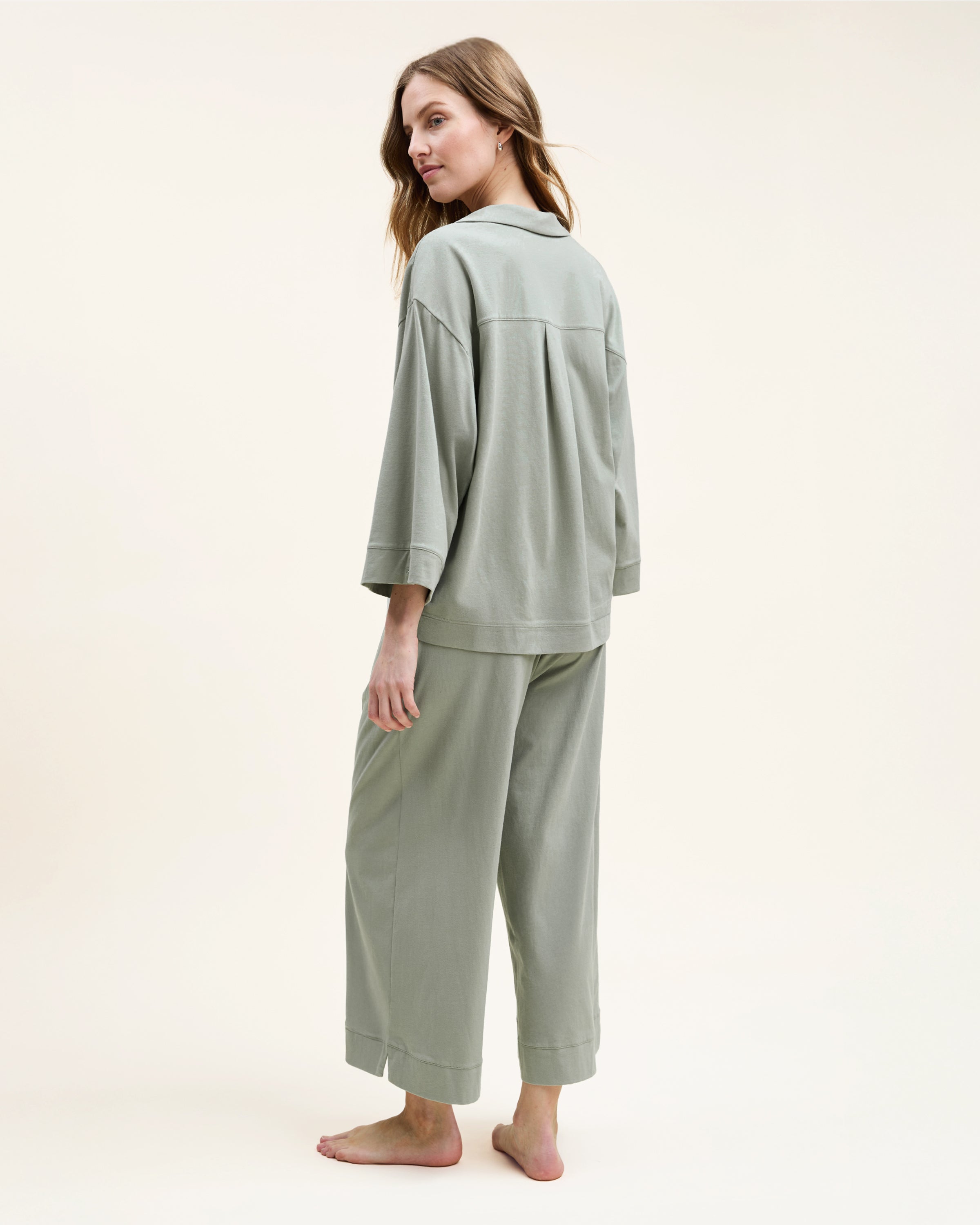 The Olivia Wide Leg Pima Pajama Set in Sage