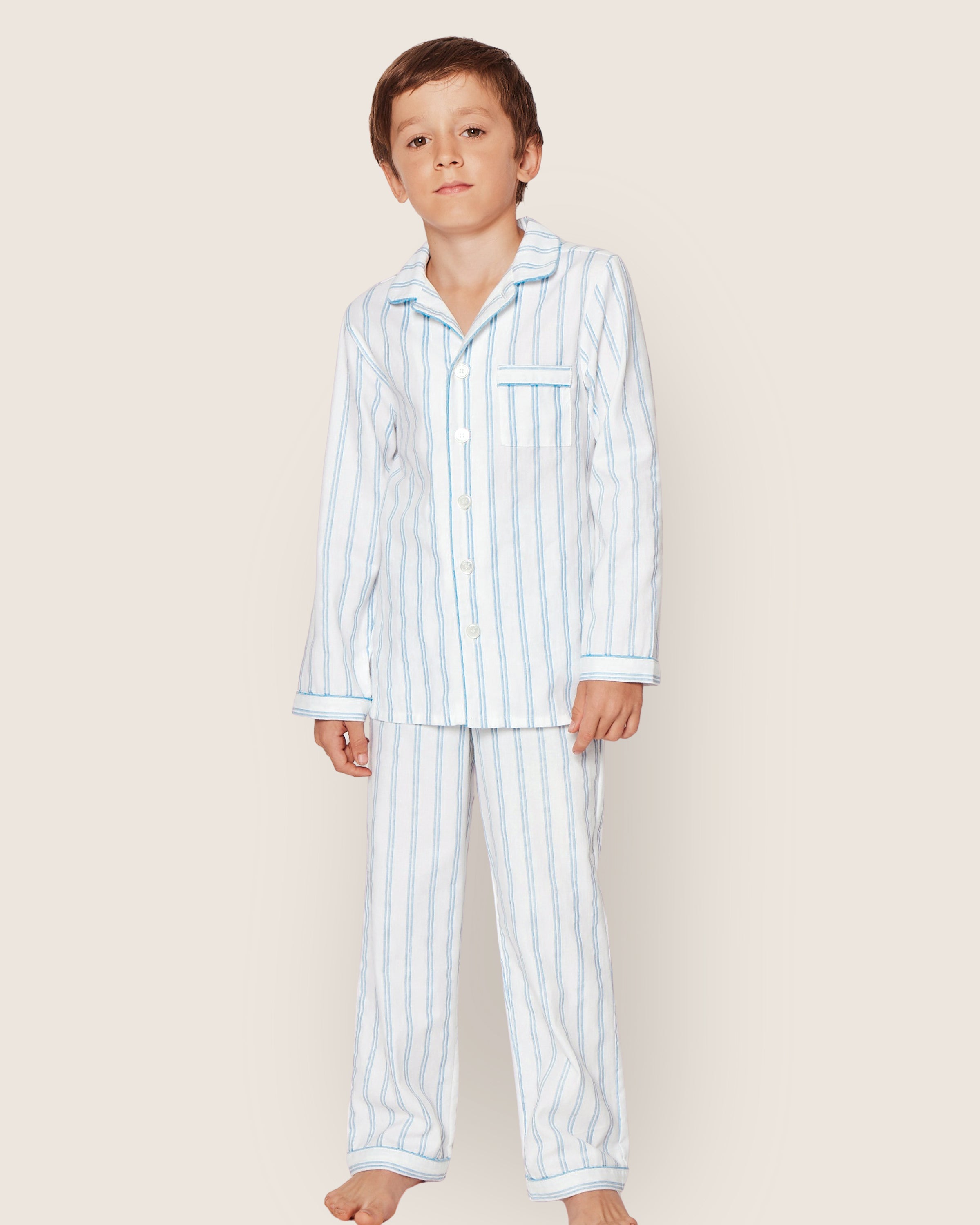 Kid's Twill Pajama Set in Periwinkle and White Stripe