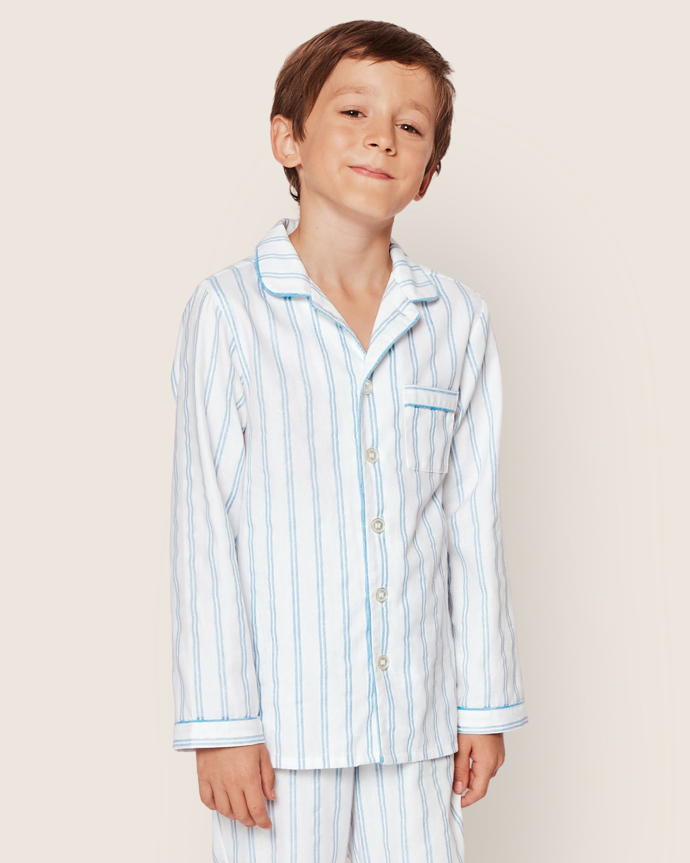 Kid's Twill Pajama Set in Periwinkle and White Stripe