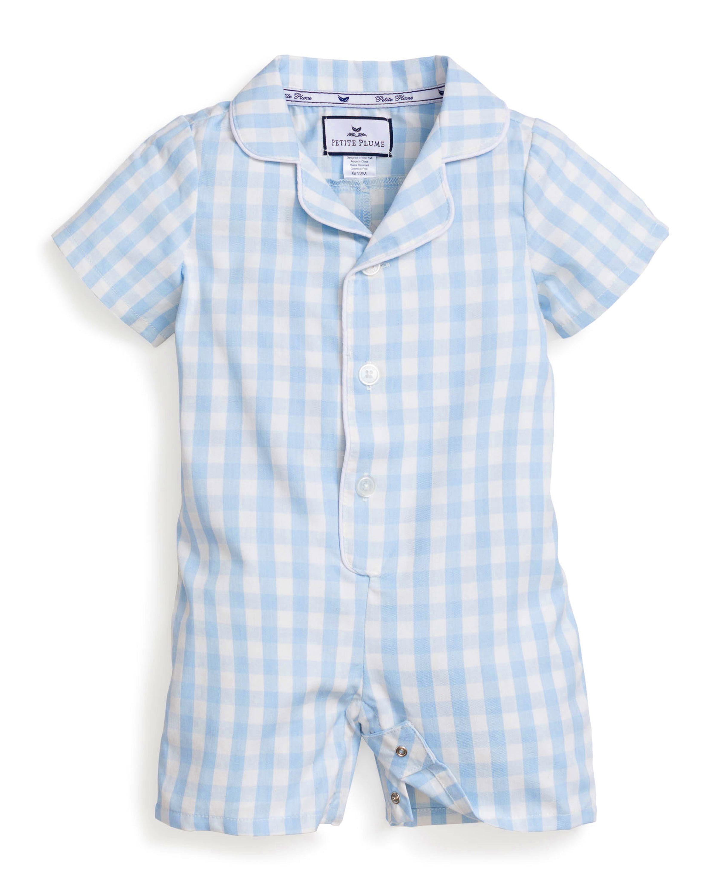 Baby's Twill Summer Romper in Light Blue Gingham