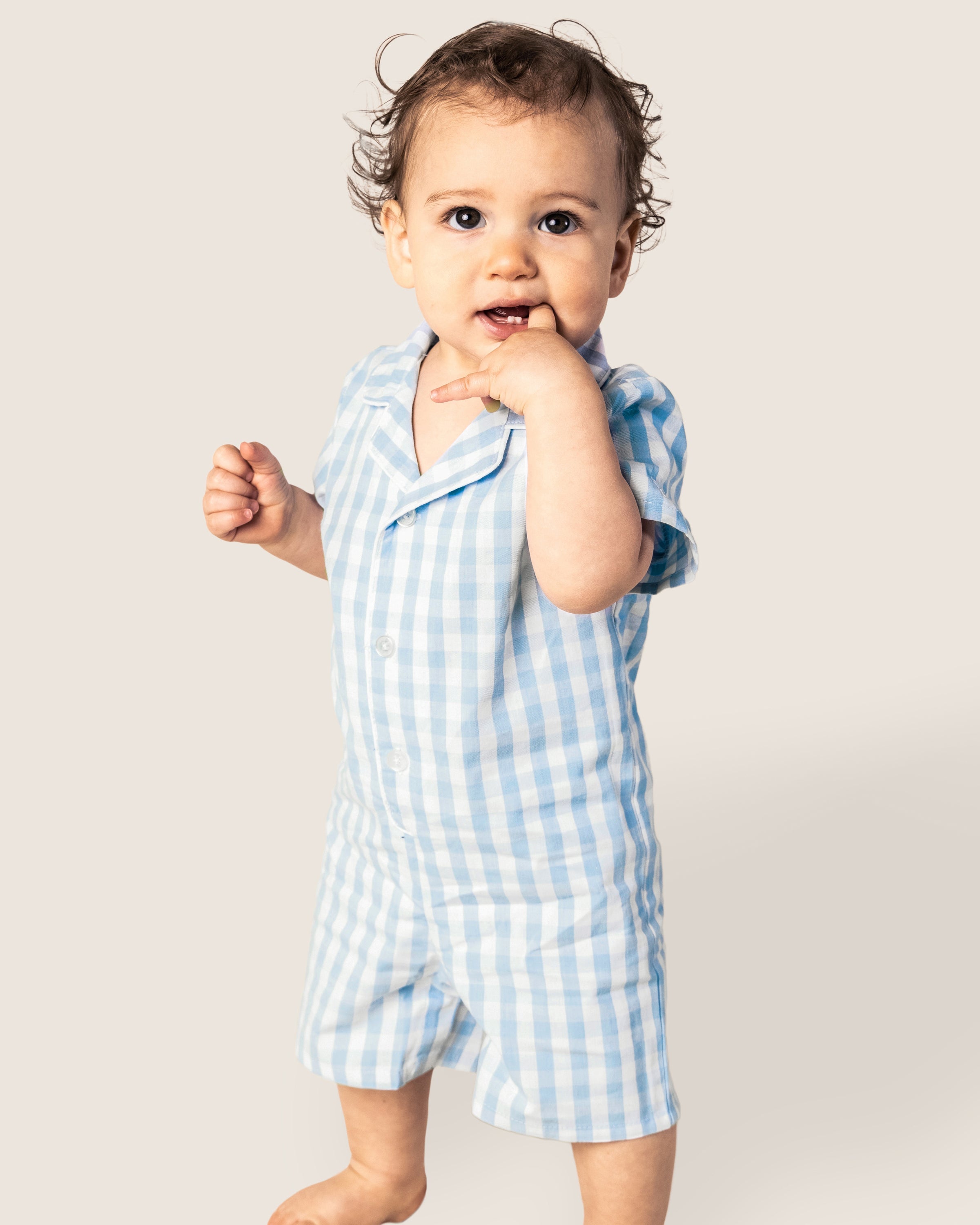 Baby's Twill Summer Romper in Light Blue Gingham