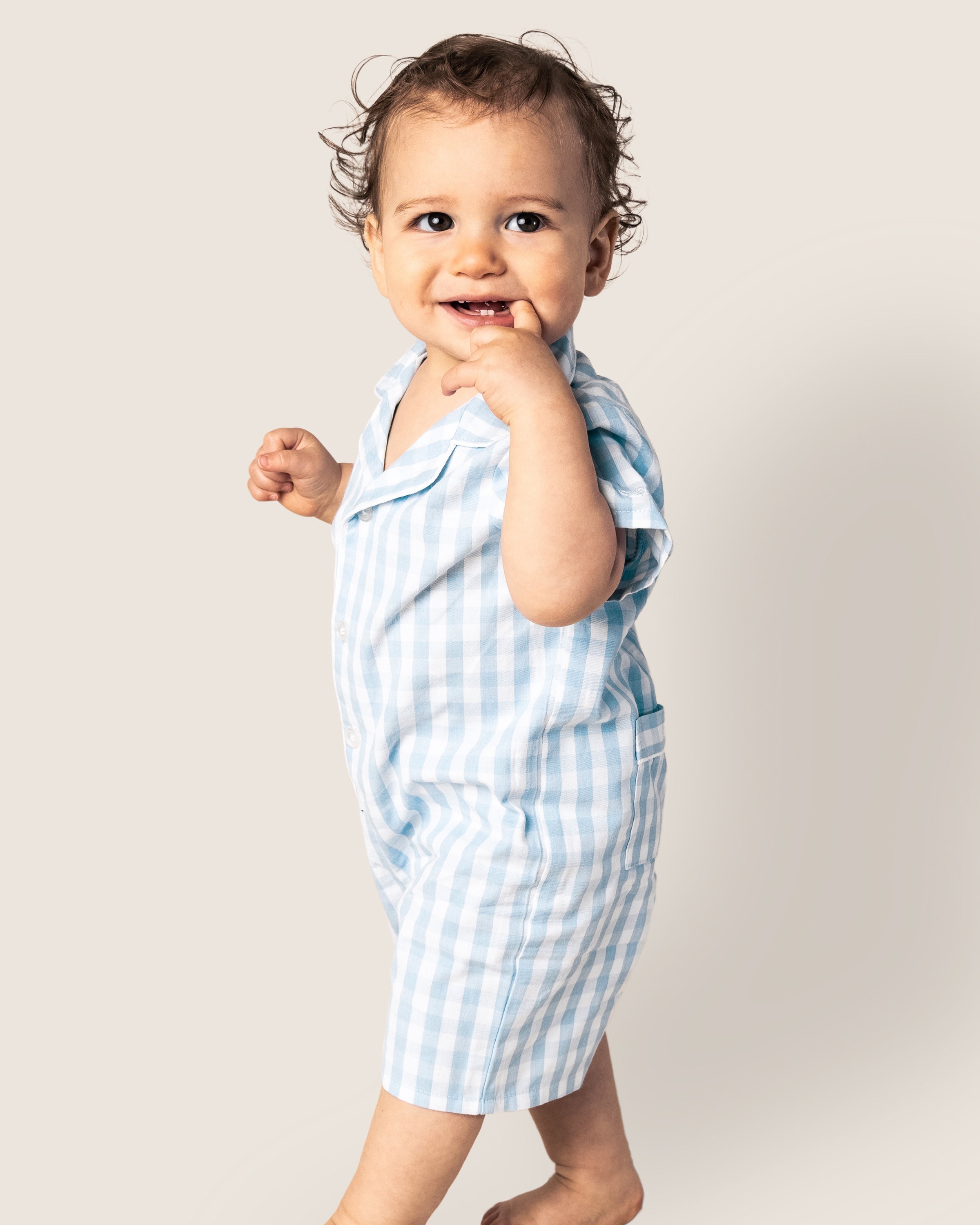 Baby's Twill Summer Romper in Light Blue Gingham