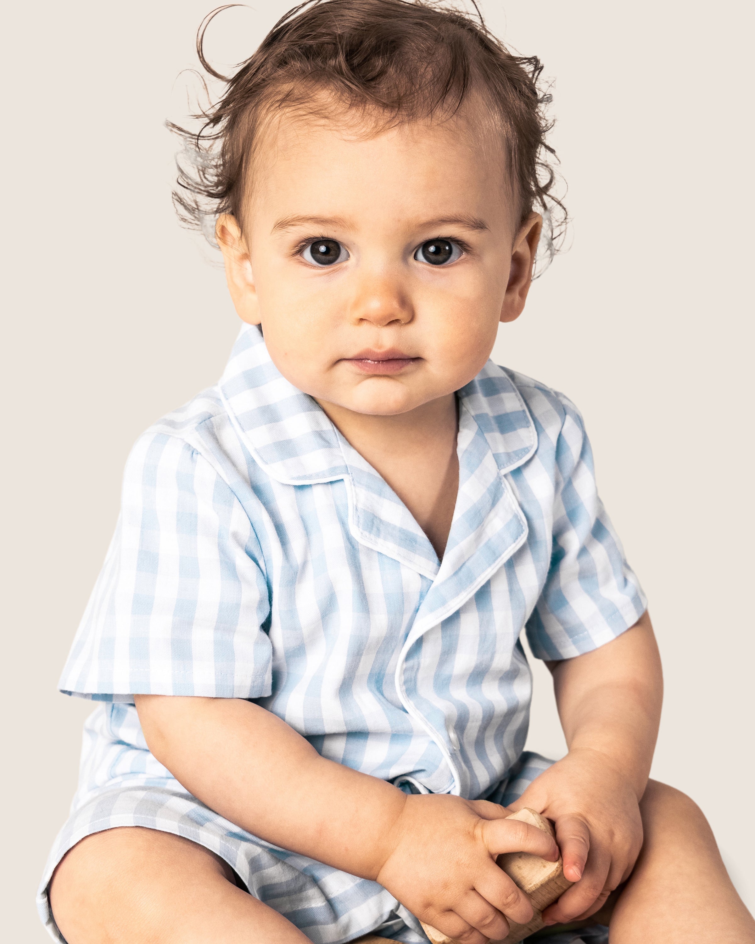 Baby's Twill Summer Romper in Light Blue Gingham