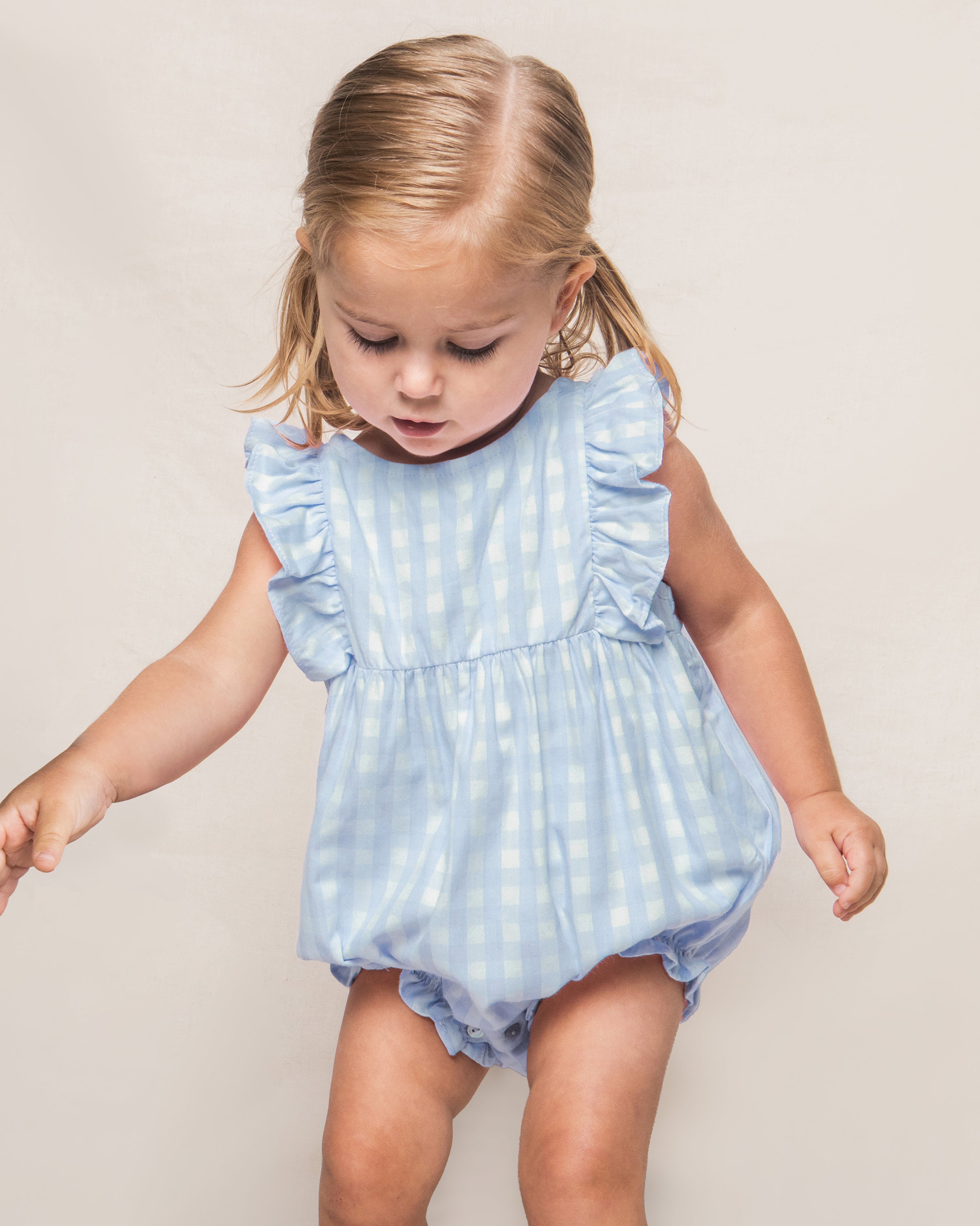 Baby's Twill Ruffled Romper in Light Blue Gingham