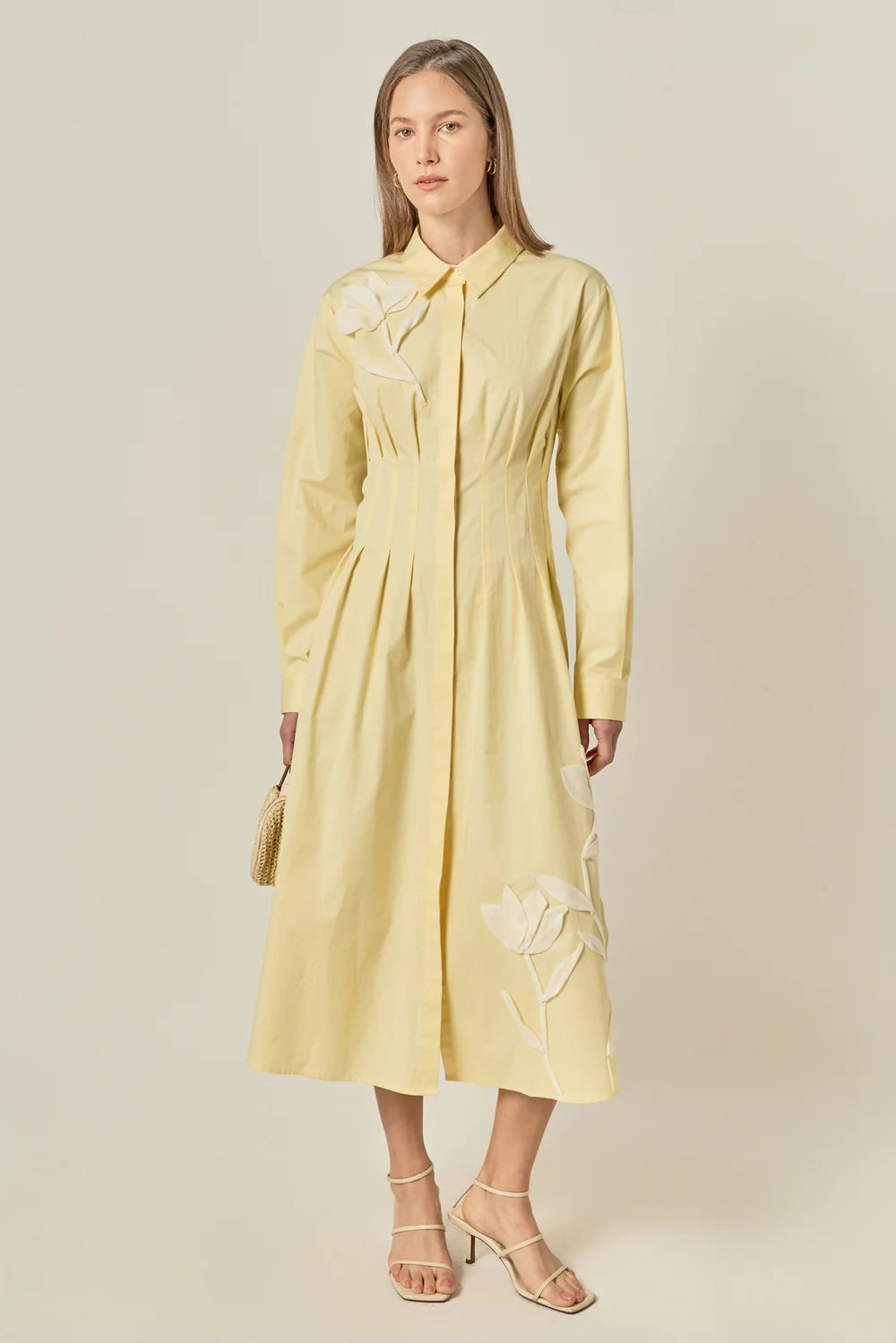 Appliqued Butter Yellow Shirt Dress