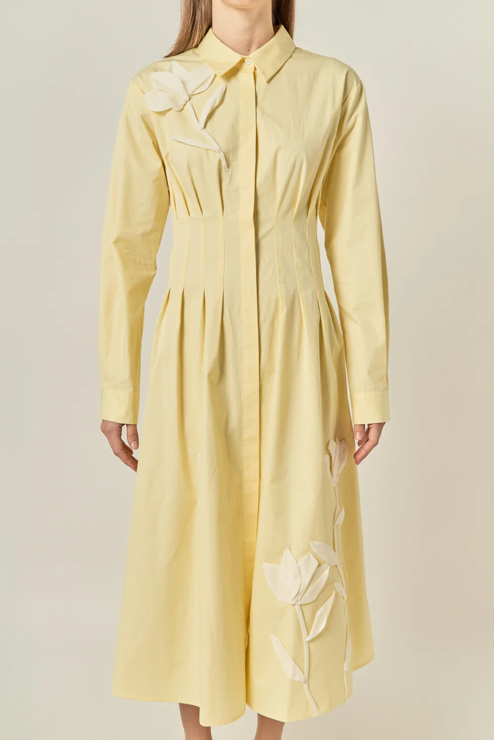 Appliqued Butter Yellow Shirt Dress