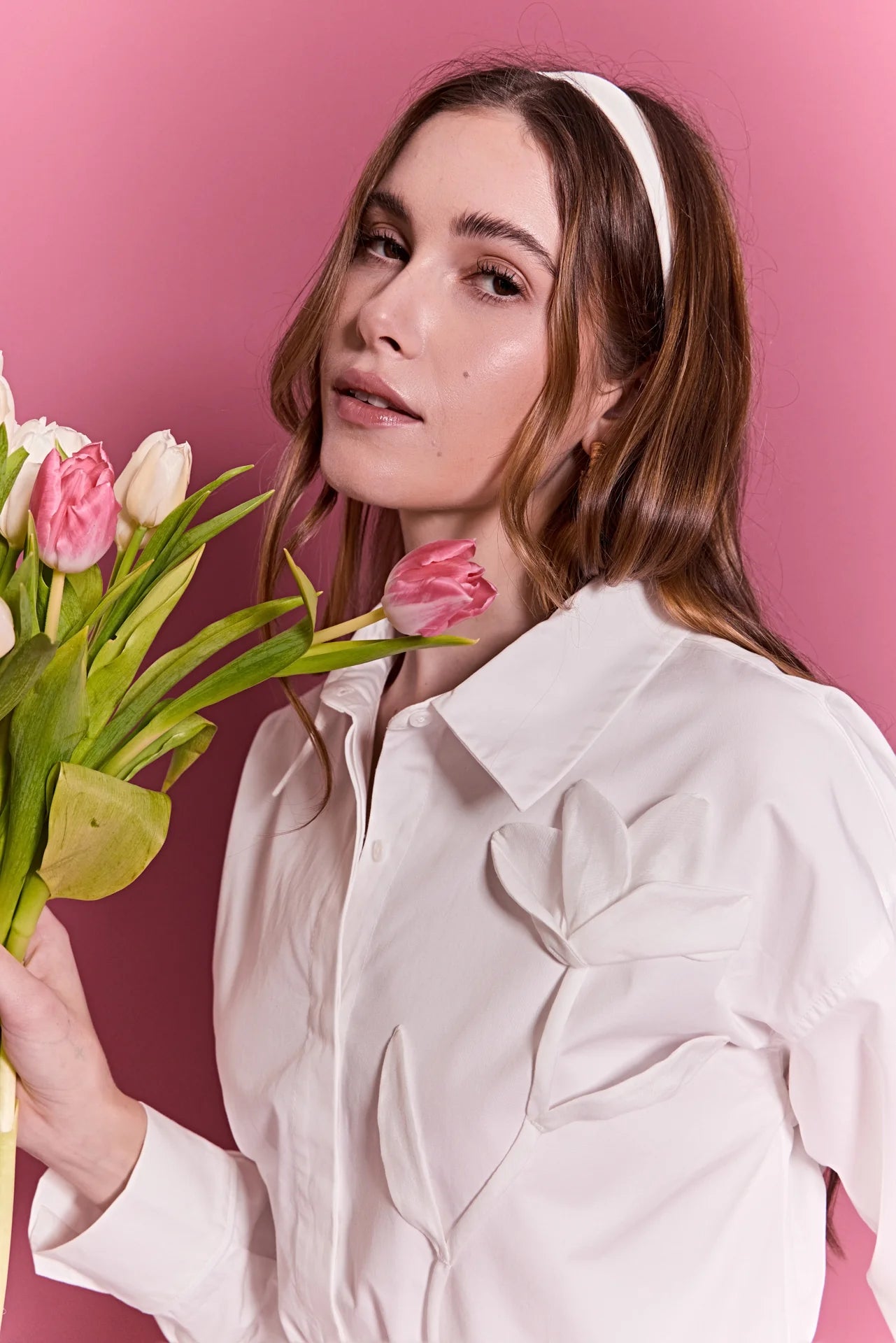 Floral Applique White Collared Shirt