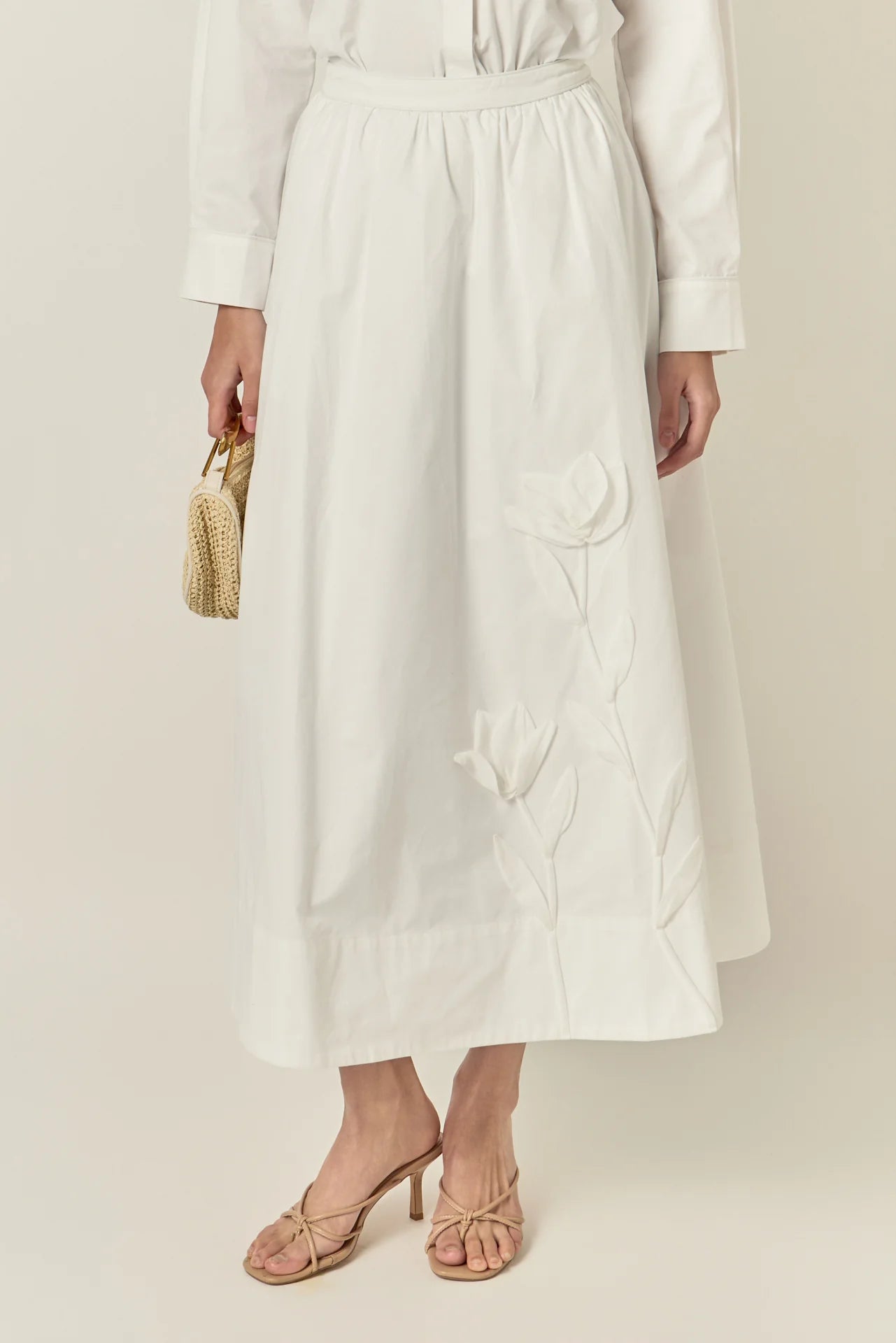 Floral Applique White Midi Skirt