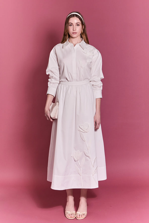 Floral Applique White Midi Skirt