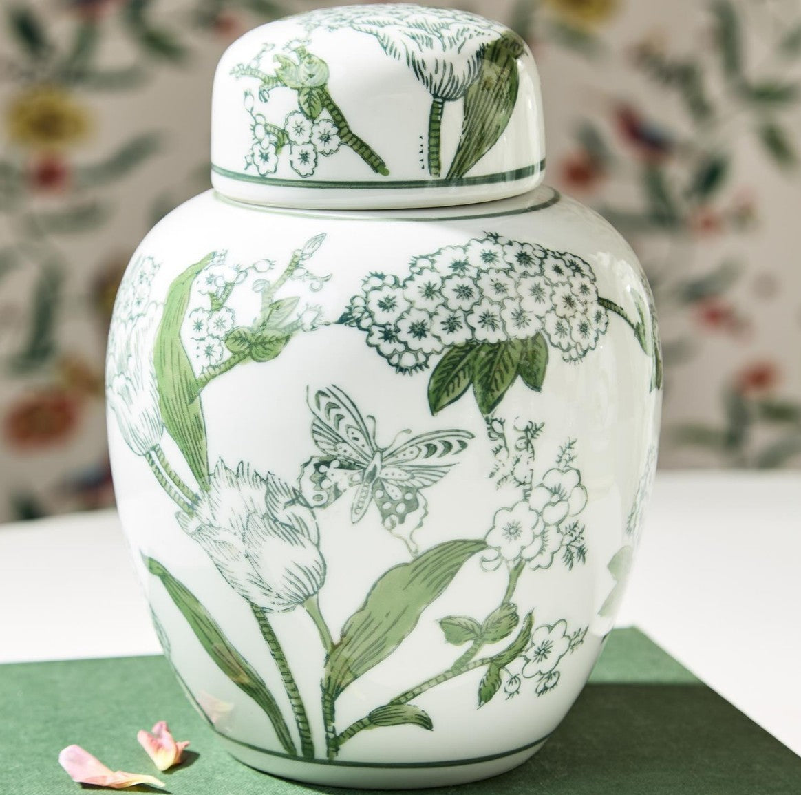 Green and White Chinoiserie Ginger Jar