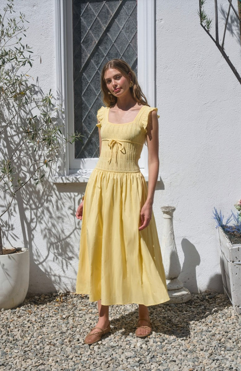 Square Neck Ruffle Sleeve Tiered Butter Yellow Midi Dress