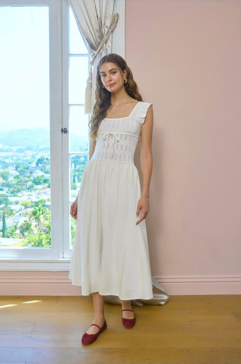 Square Neck Ruffle Sleeve Ivory Tiered Midi Dress