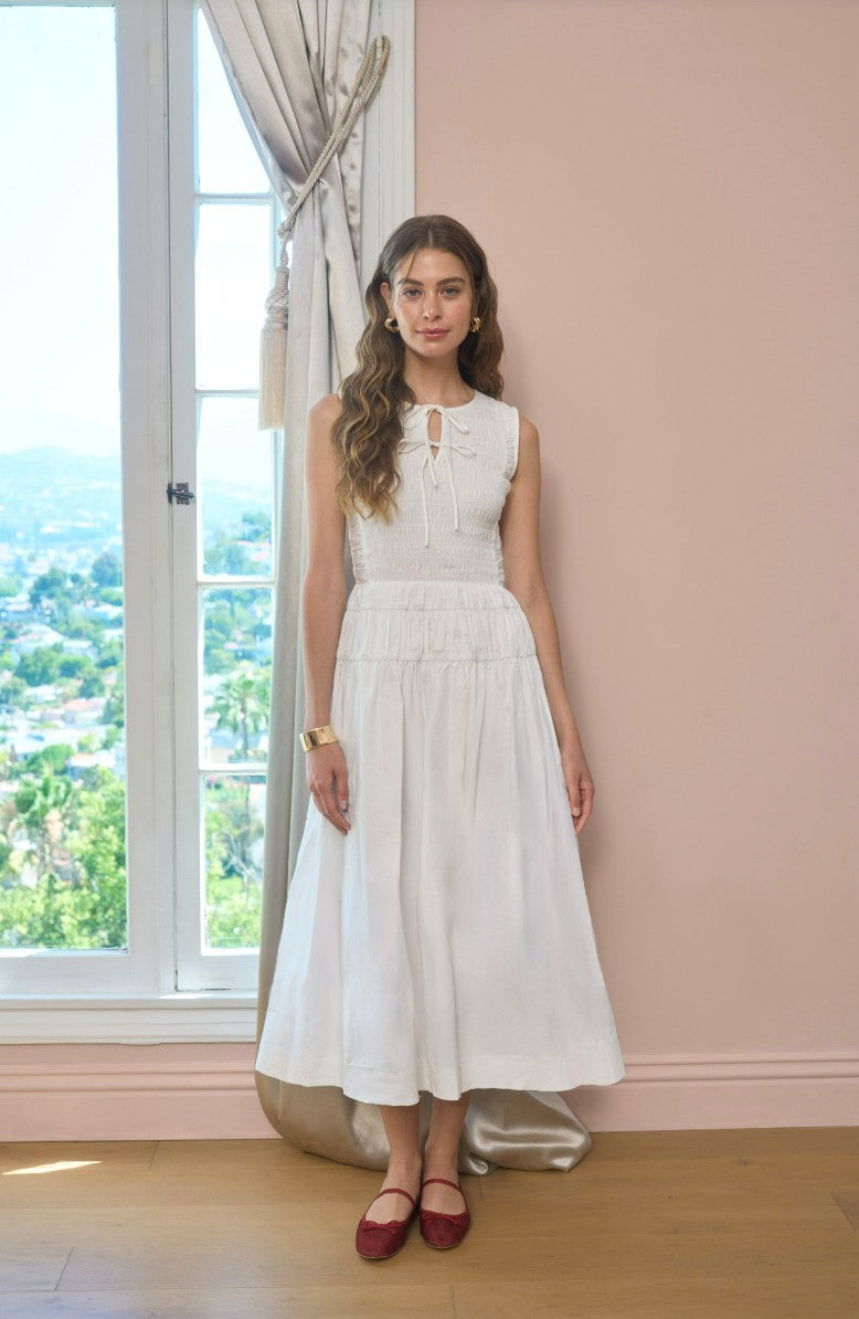 Sleeveless Smocked Shirred White Midi Dress