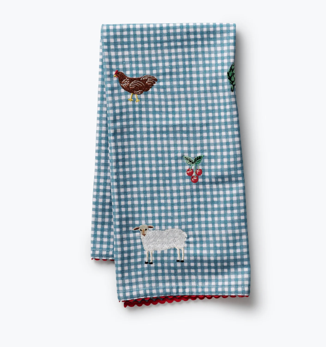 Country Farm Gingham Embroidered Tea Towel