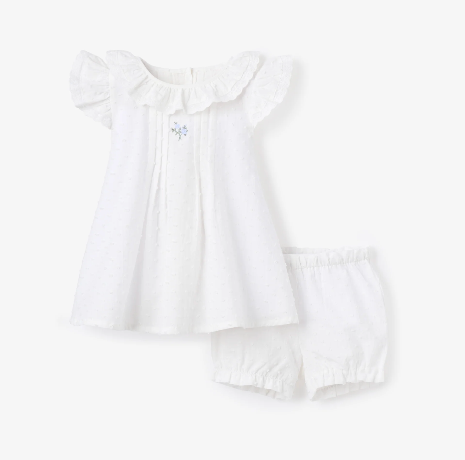 Swiss Dot Pintucked Dress with Rose Embroidery