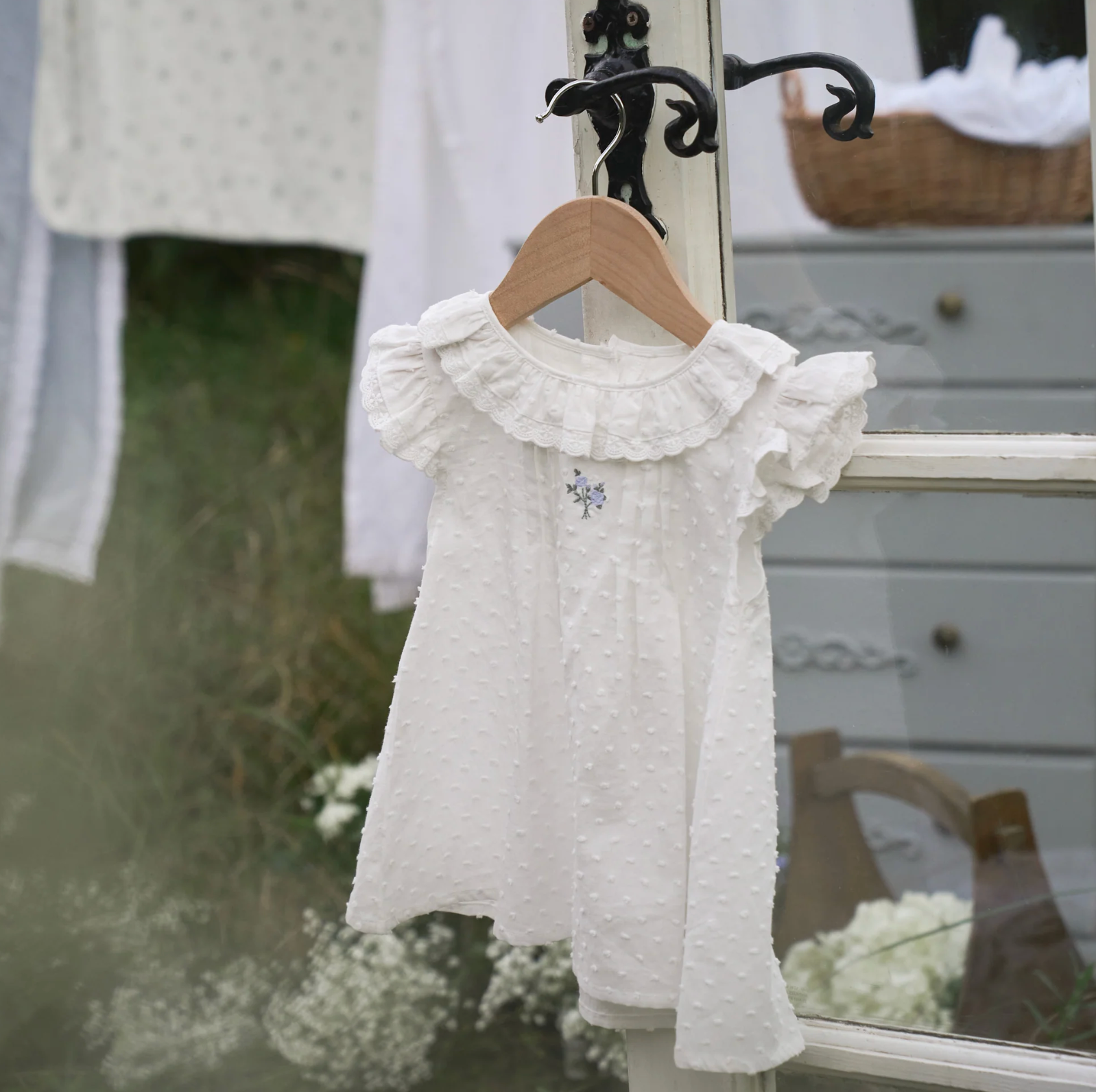 Swiss Dot Pintucked Dress with Rose Embroidery