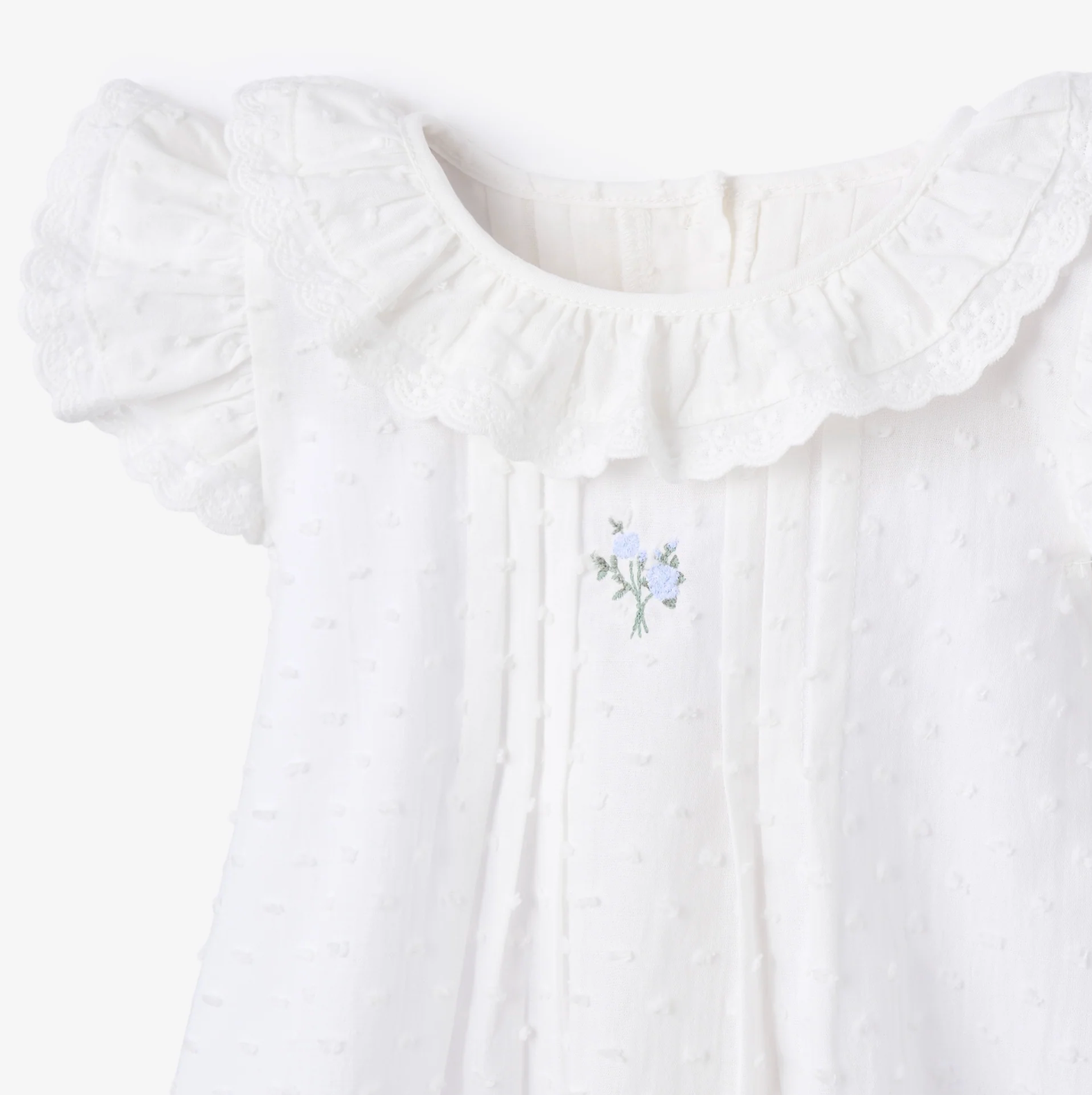 Swiss Dot Pintucked Dress with Rose Embroidery