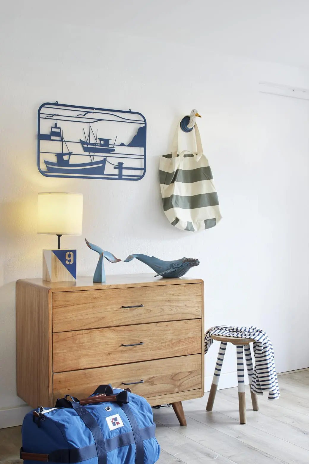 Striped Stool, Wood, Blue/White/Natural