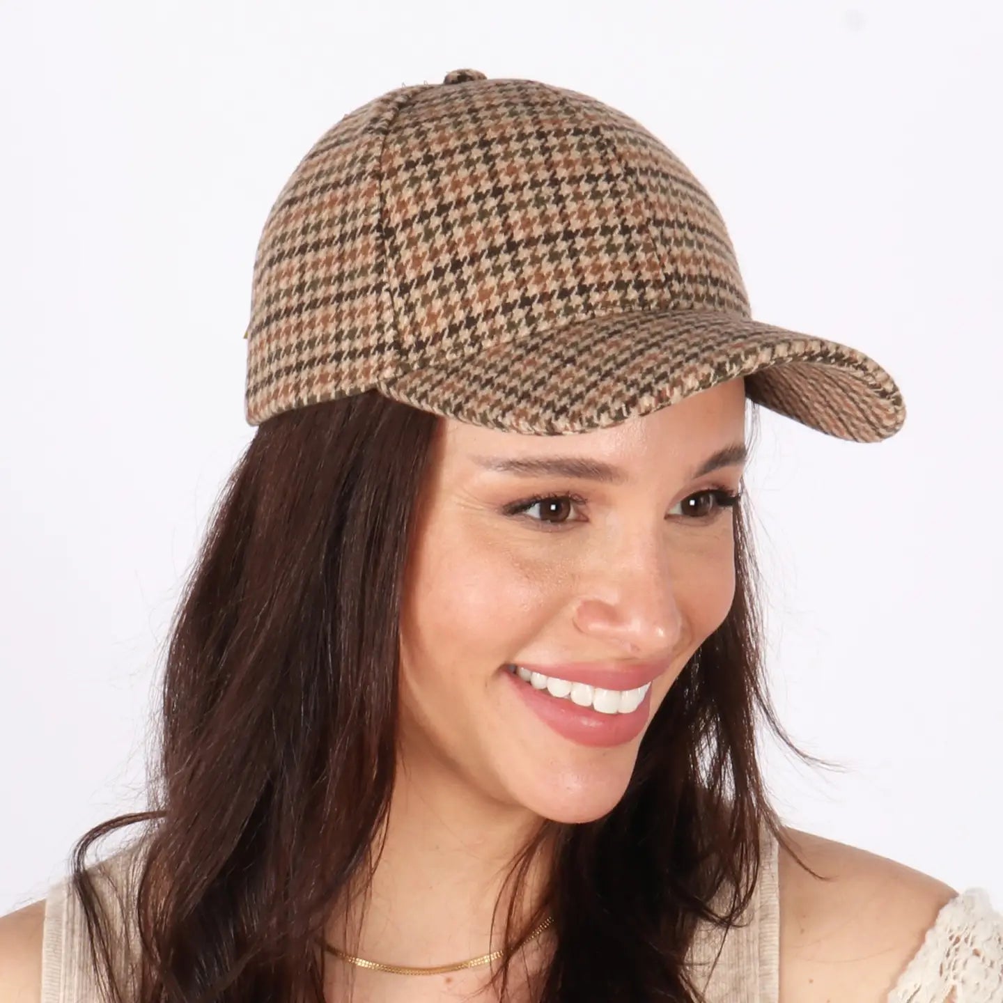 Plaid Woven Baseball Cap Beige