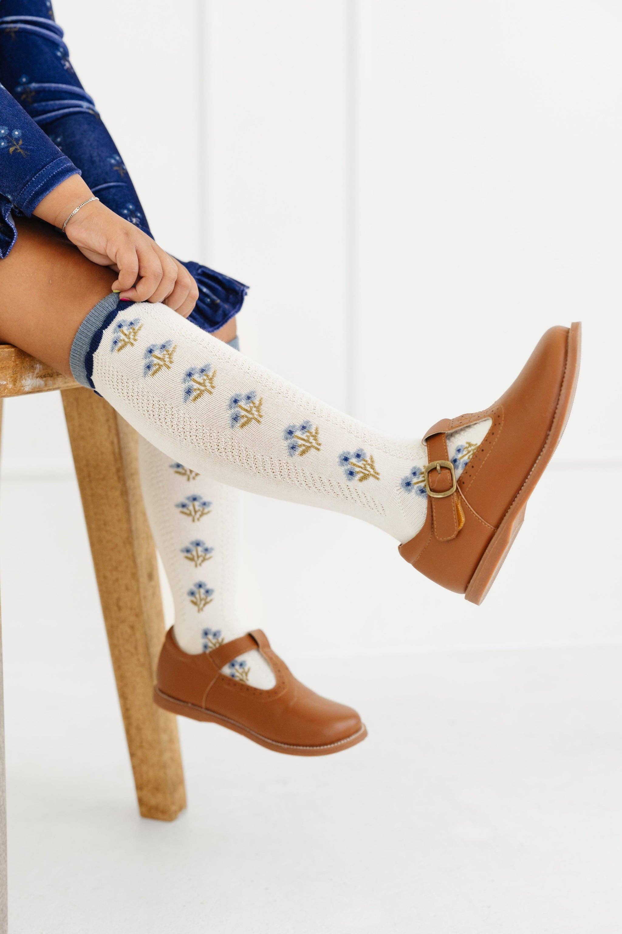 Ivory & Denim Floral Knee High Socks