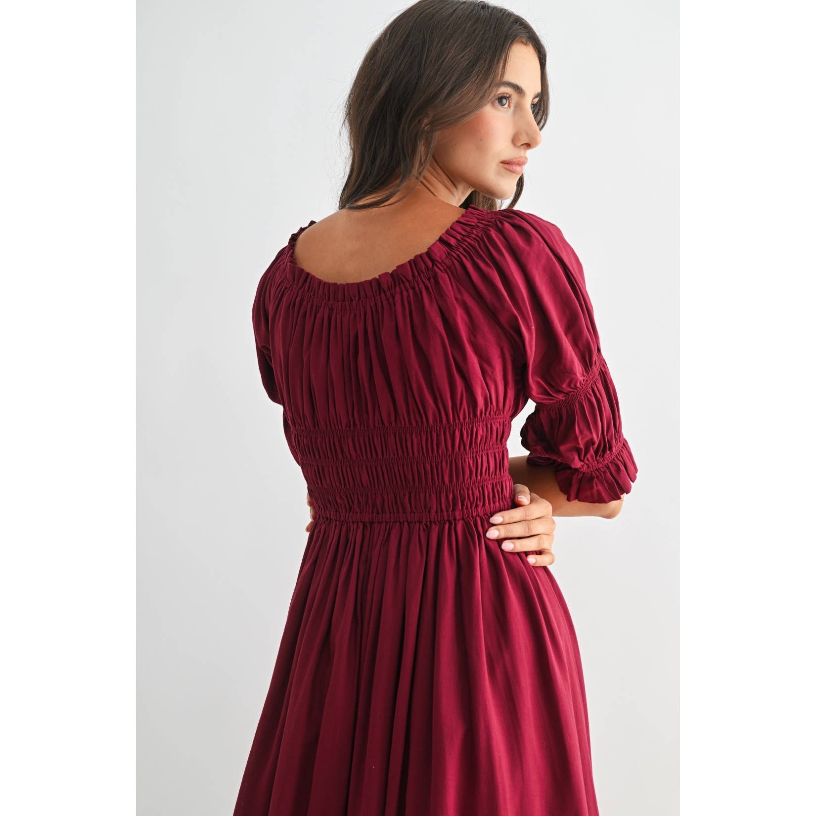 Burgundy Smocked Midi Dress with Pleated Skirt