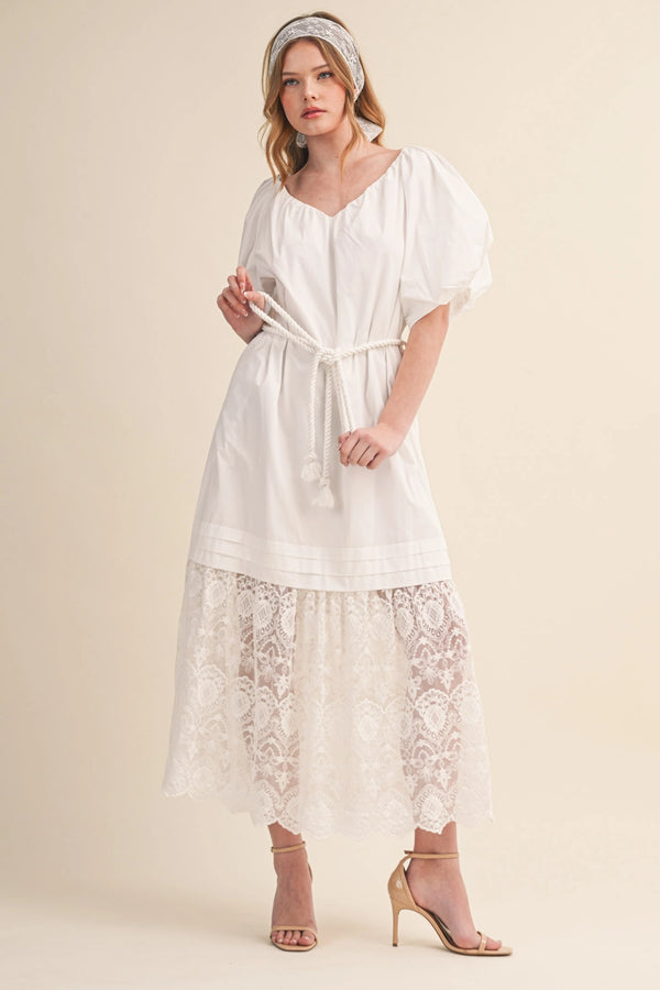 Puff Sleeve Tiered Lace Midi Dress